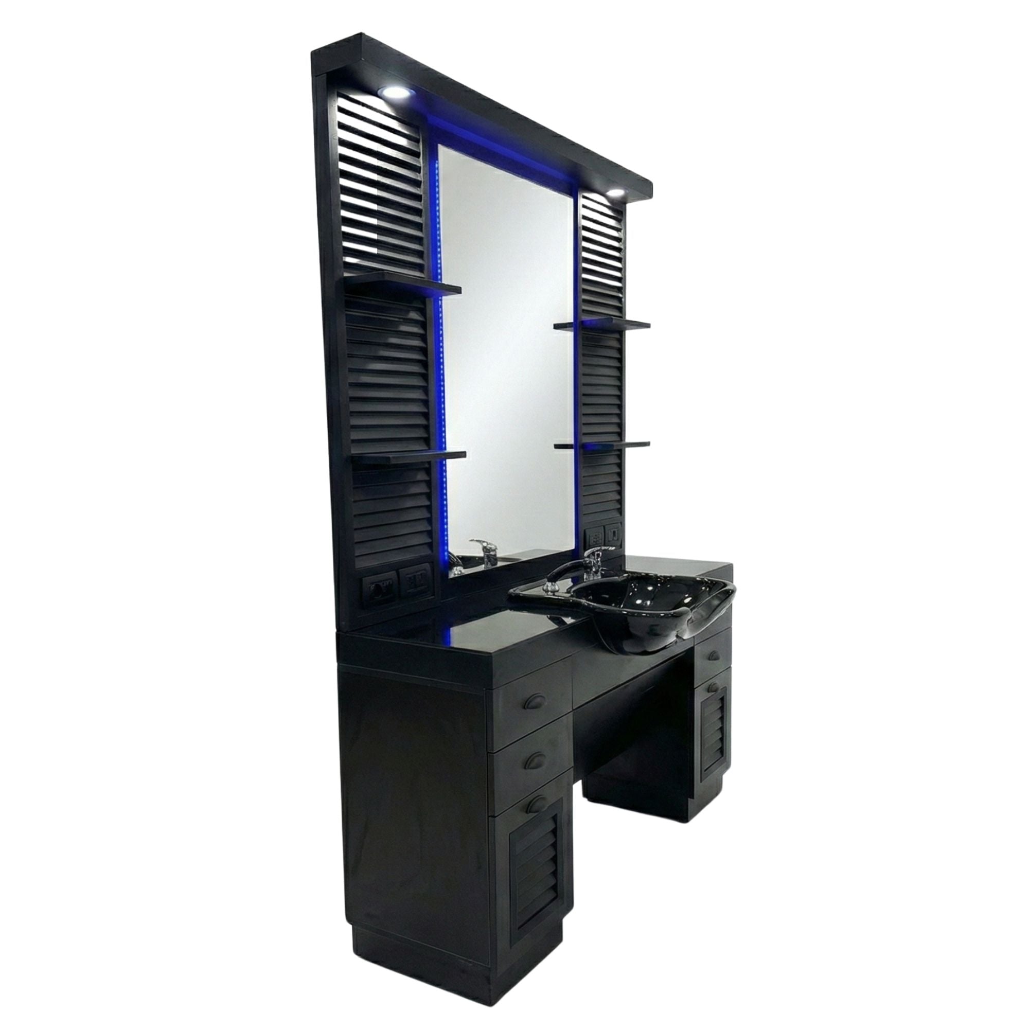 Barber Station Unit - Black Finish with Backwash Sink & Storage