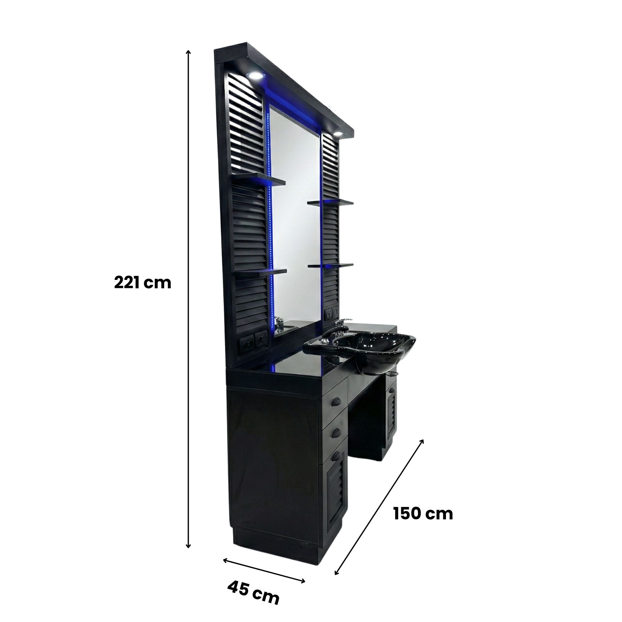 Barber Station Unit - Black Finish with Backwash Sink & Storage