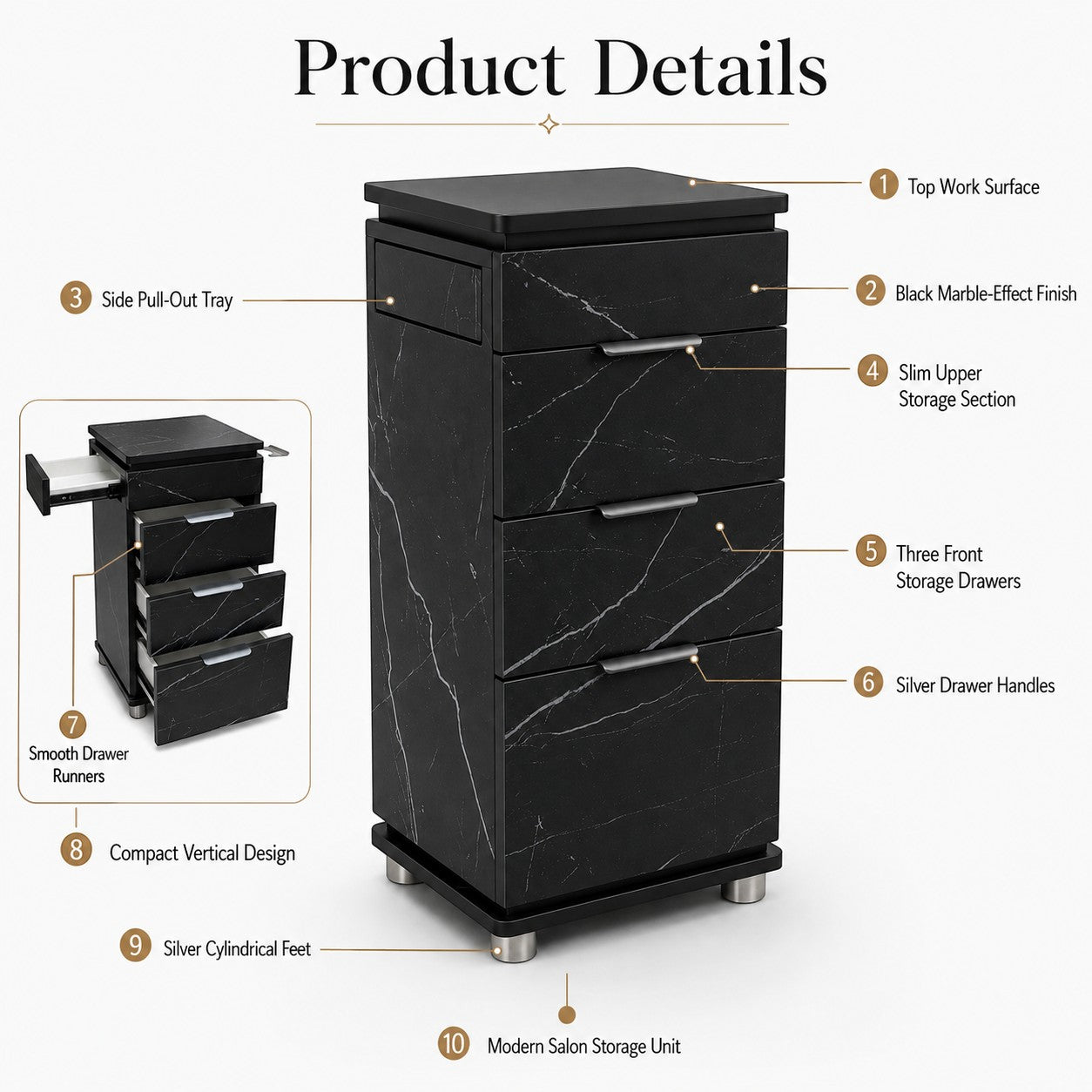 Salon Trolley - Black Marble Drawer Storage Unit