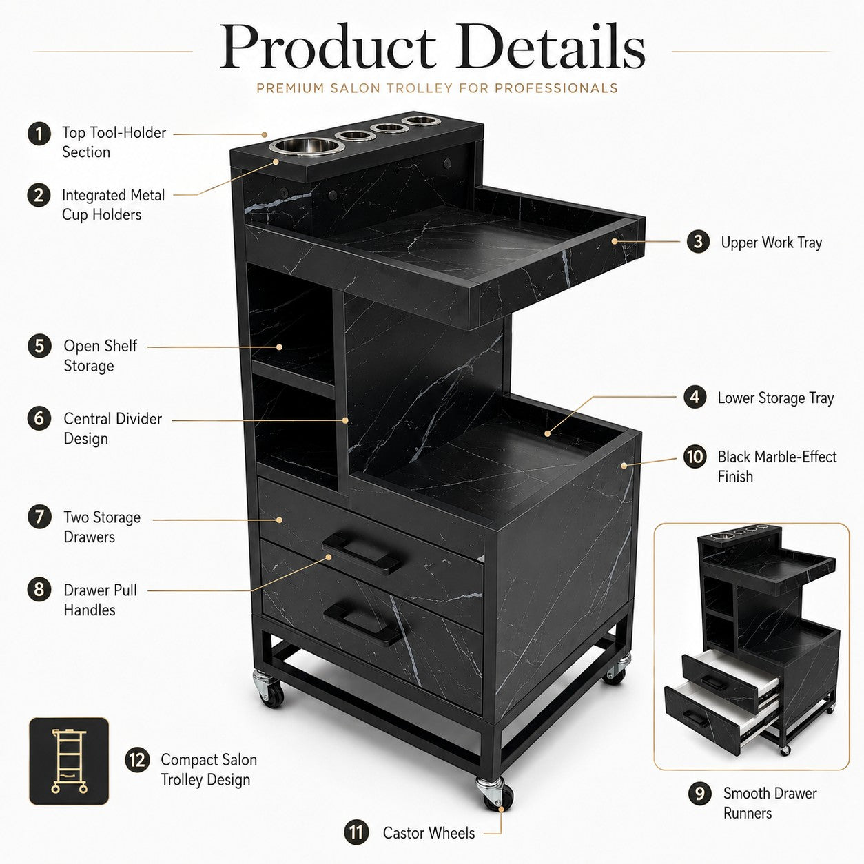 Salon Trolley - Black Marble Tool Trolley with Wheels
