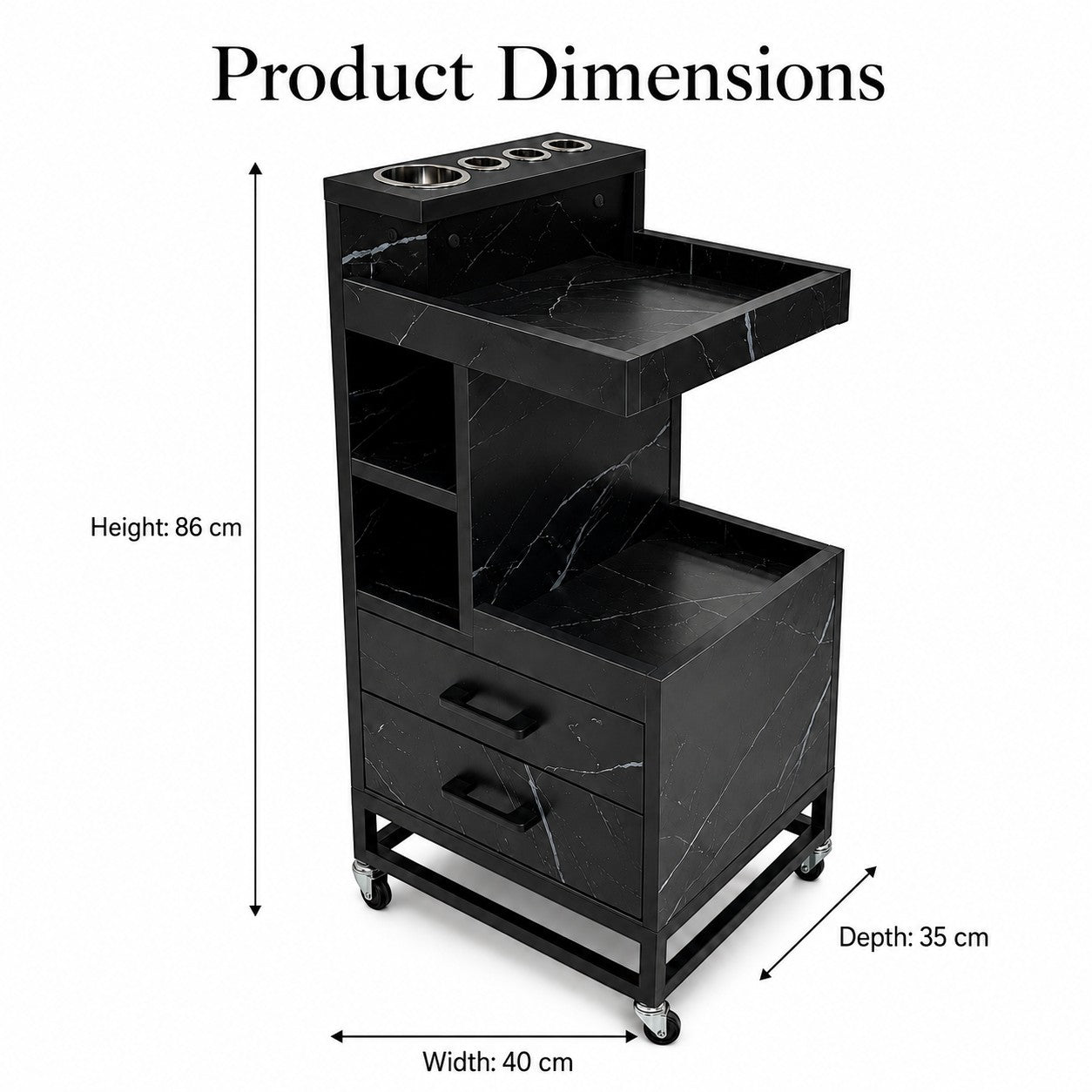 Salon Trolley - Black Marble Tool Trolley with Wheels