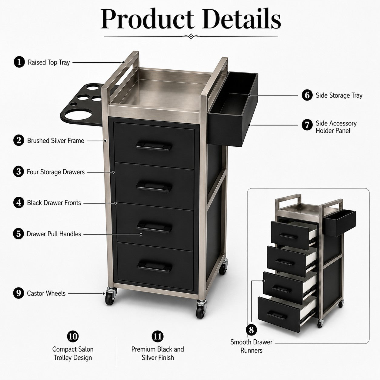 Salon Trolley - Black & Silver Four Drawer Trolley