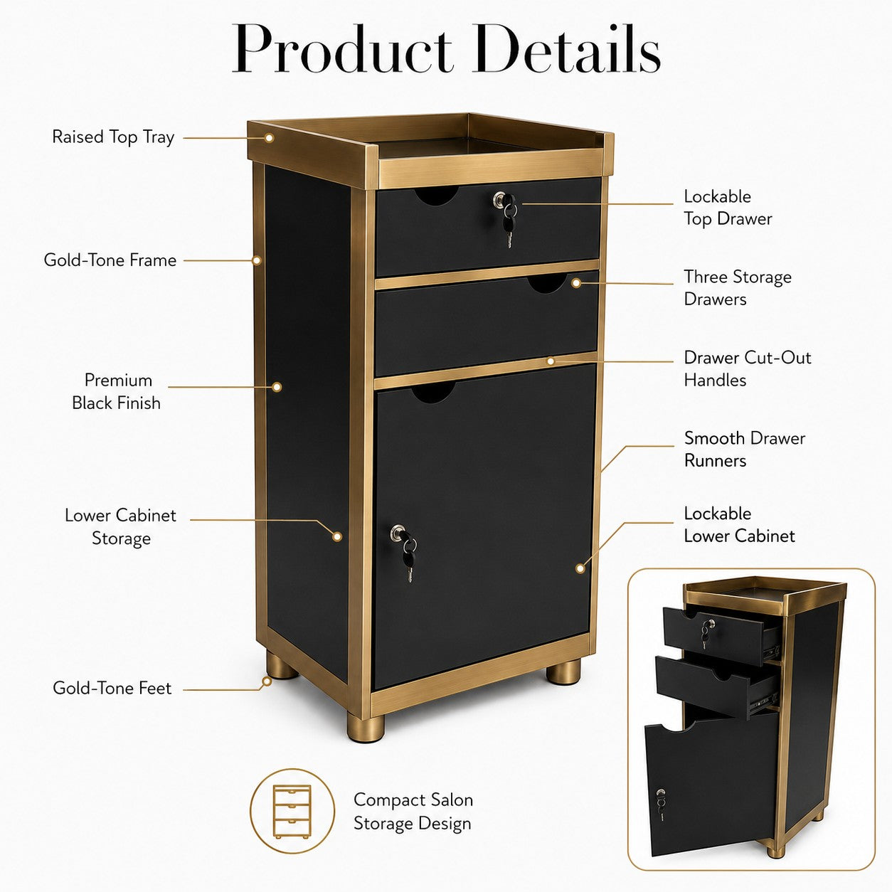 Salon Trolley - Black & Gold Lockable Storage Trolley