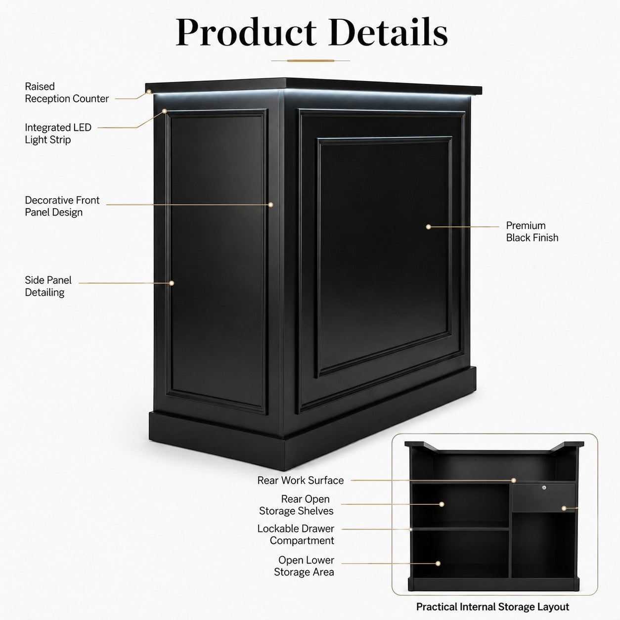 Reception Desk - Black LED Counter with Storage