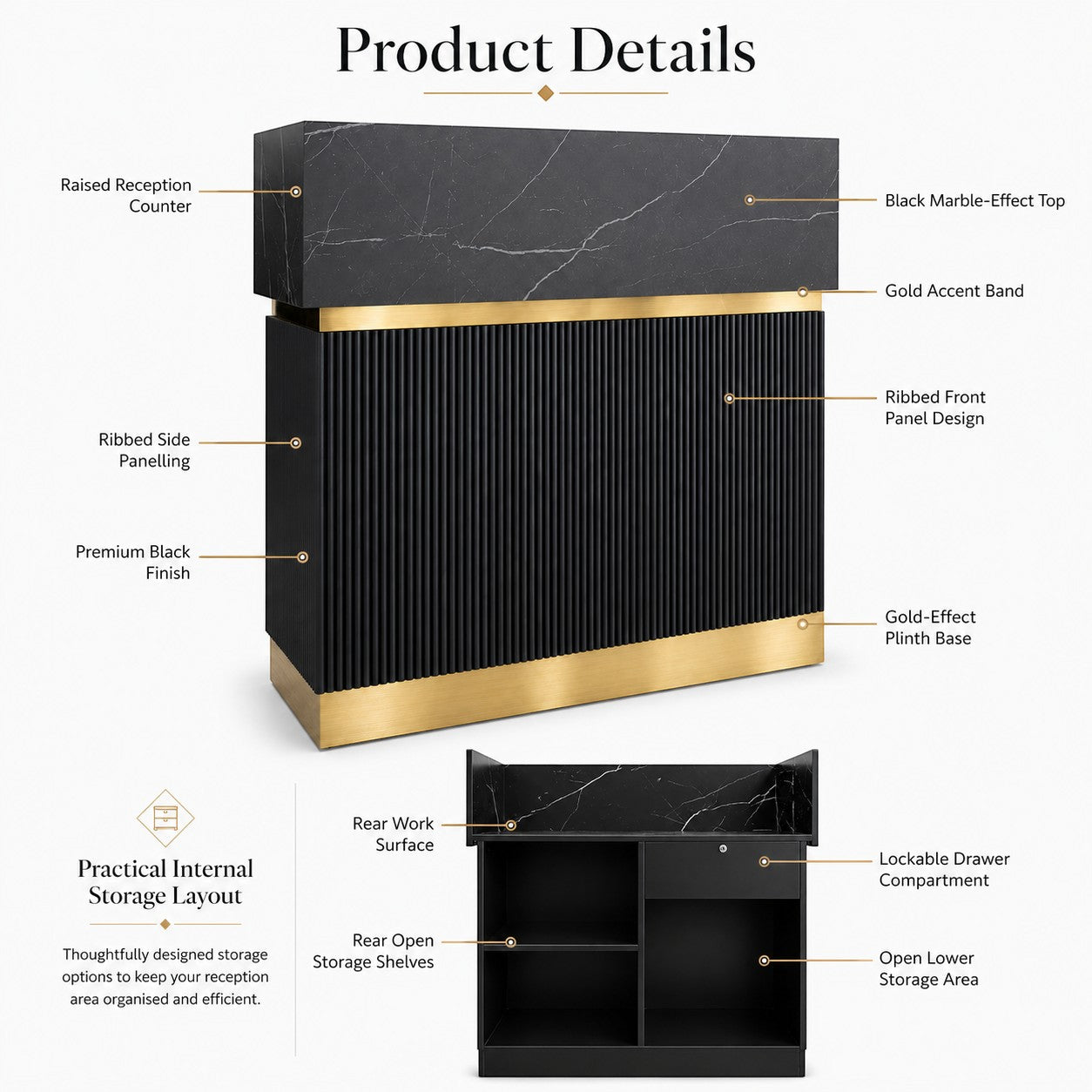 Reception Desk - Black & Gold Ribbed Counter