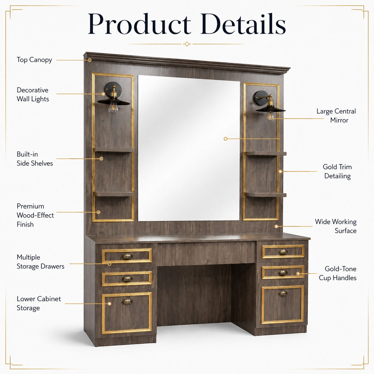 Barber Station Unit - Wood Effect Mirror Unit with Lights