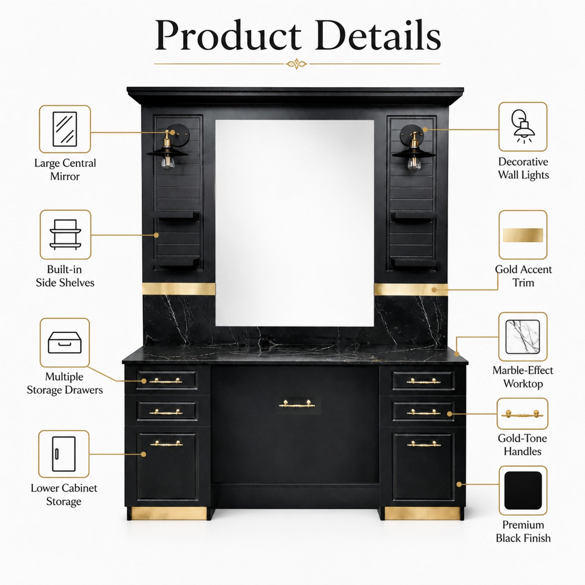 Barber Station Unit - Black & Gold Mirror Styling Unit