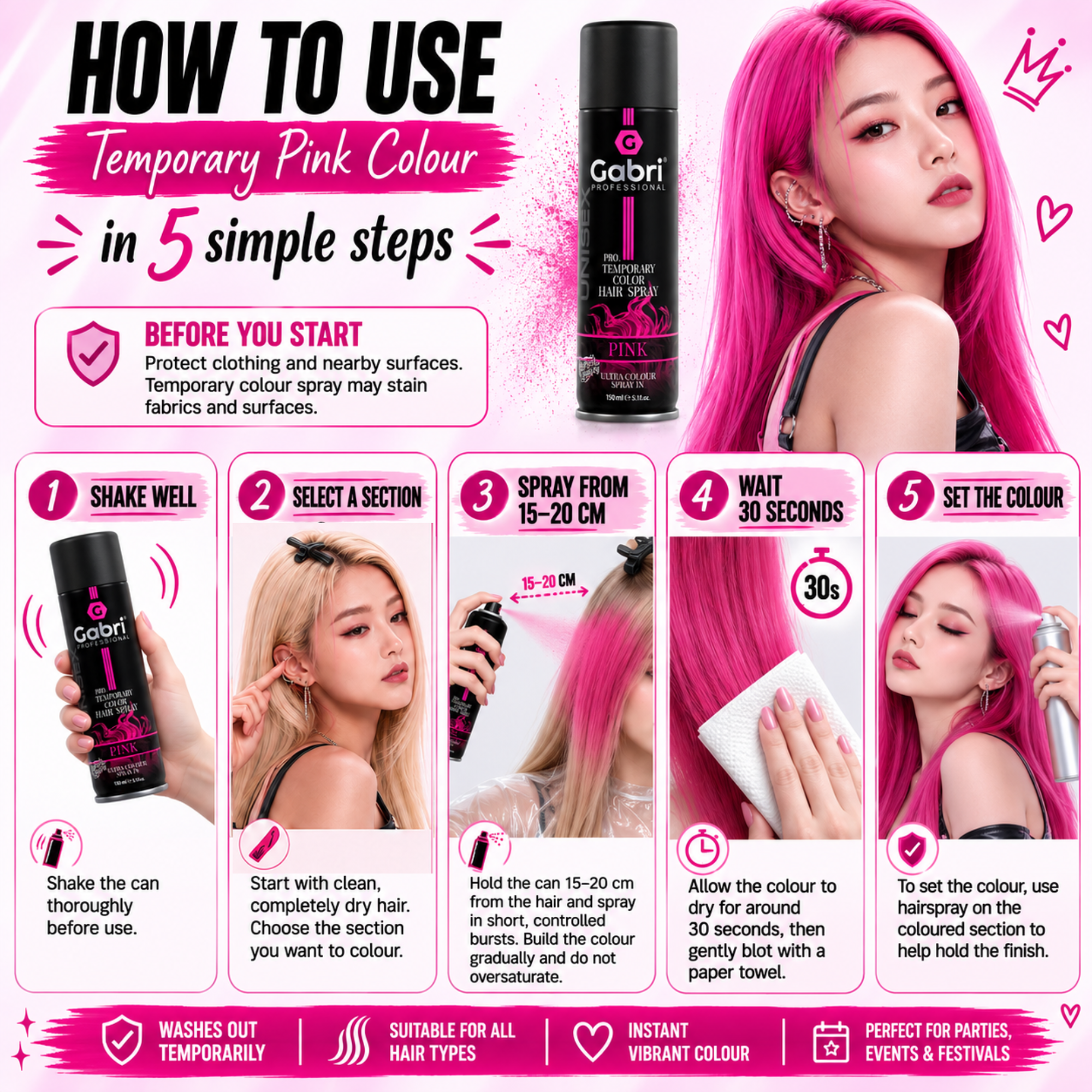 Gabri Professional - Pro Temporary Hair Colour Shimmer Spray Pink 150ml