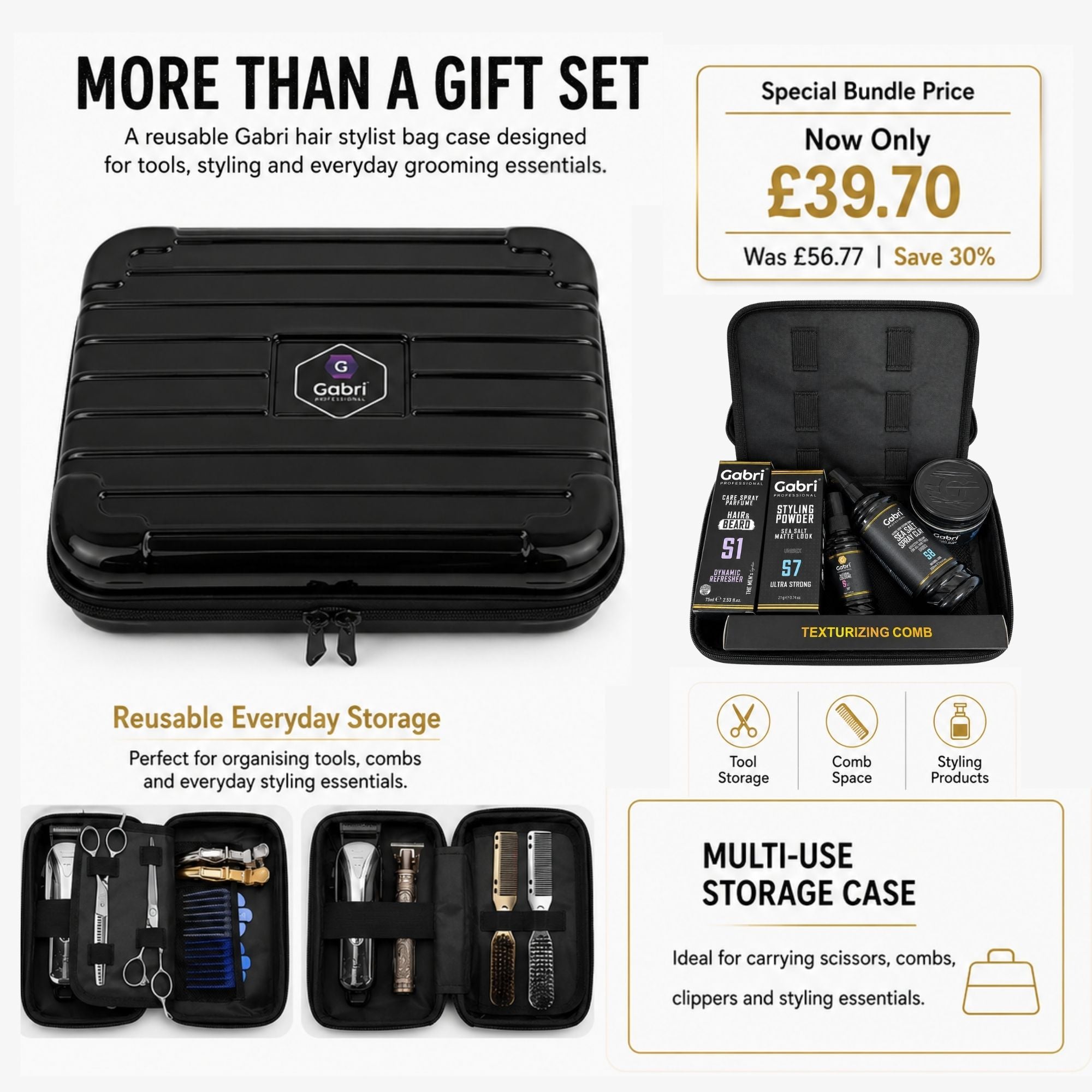 Gabri Professional - Hair Styling & Grooming Gift Set with Reusable Hair Stylist Bag 7 Piece Set Black