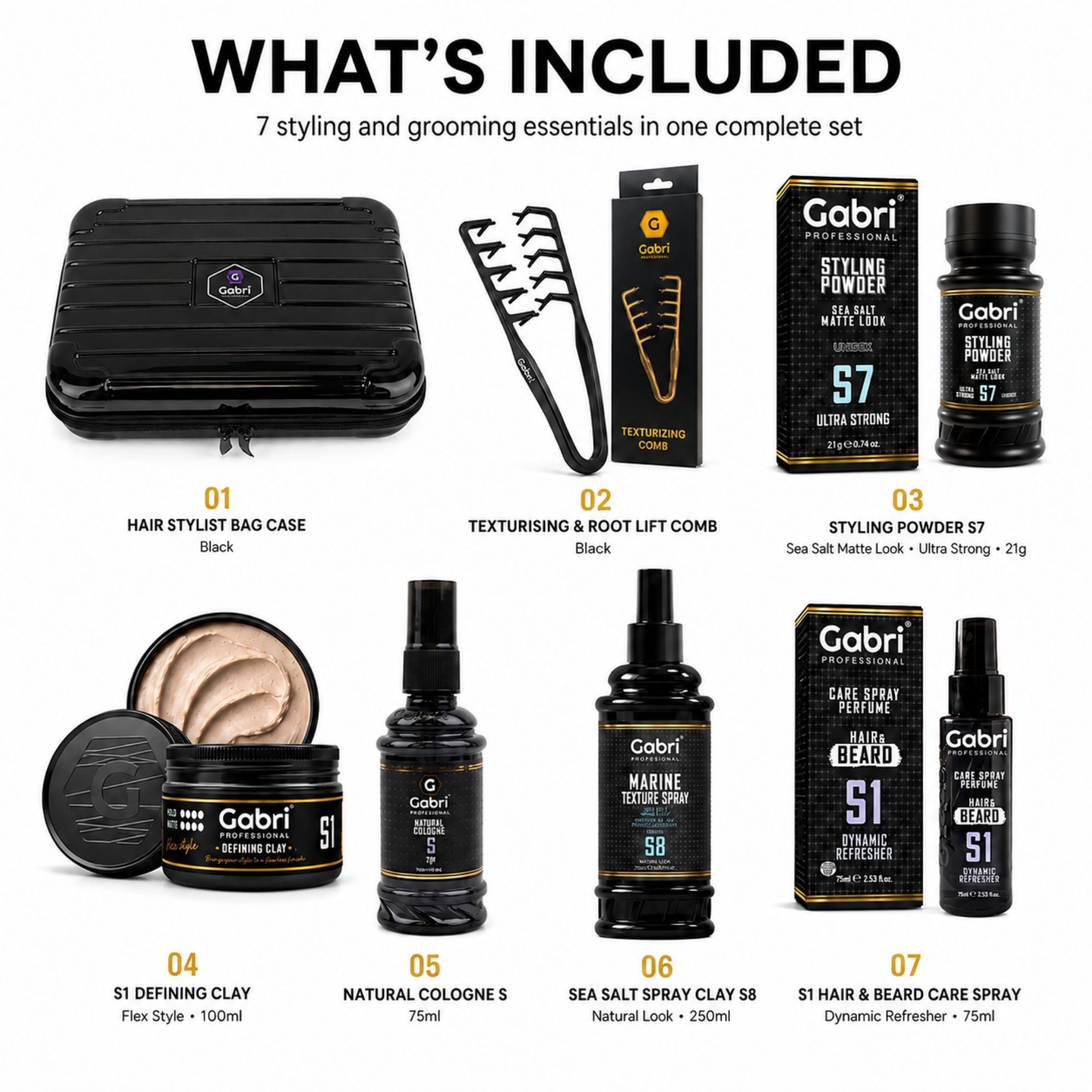 Gabri Professional - Hair Styling & Grooming Gift Set with Reusable Hair Stylist Bag 7 Piece Set Black