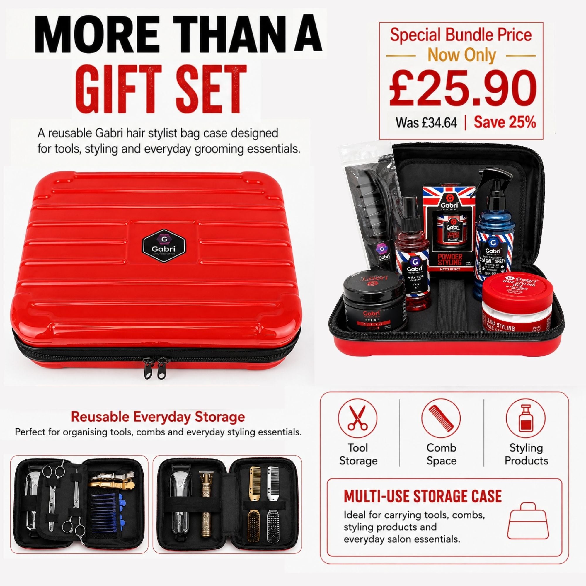Gabri Professional - Hair Styling & Grooming Gift Set with Reusable Hair Stylist Bag 7 Piece Set Red