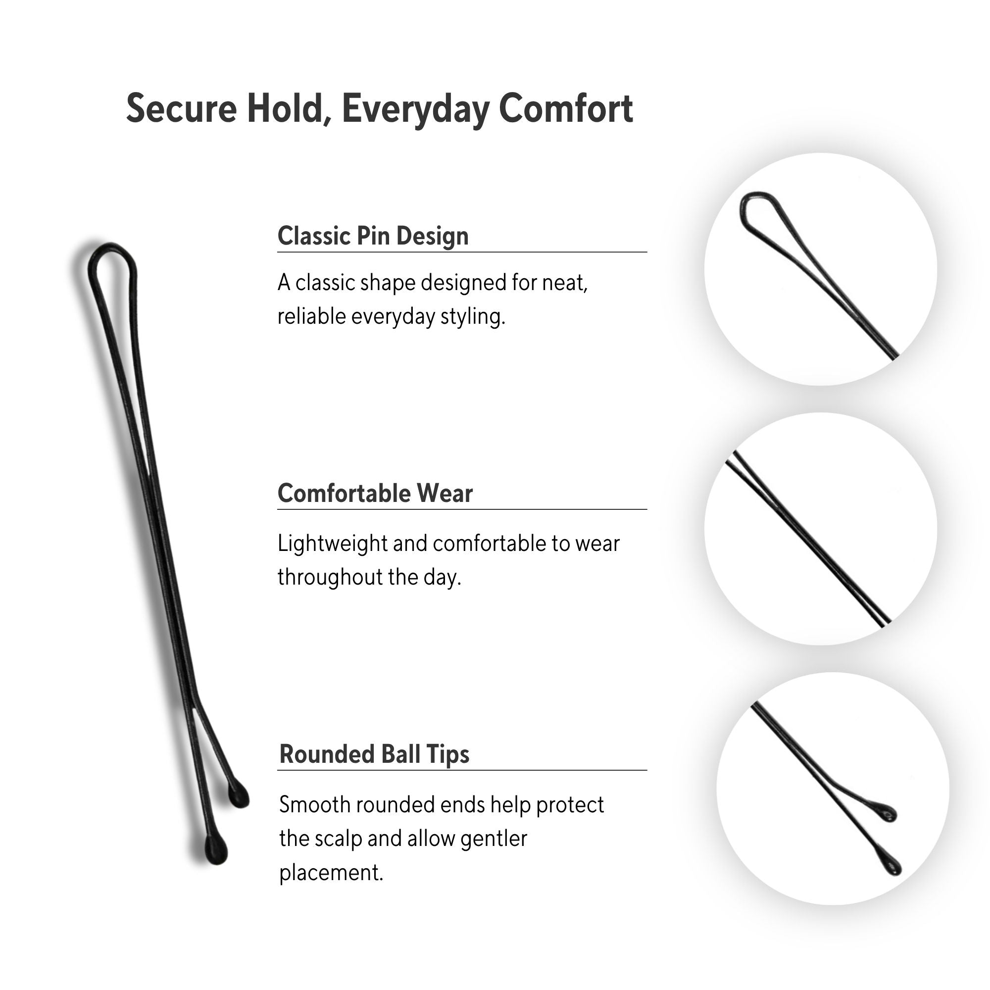 Eson - Black Flat Hair Pins – Ball-Tipped 5cm