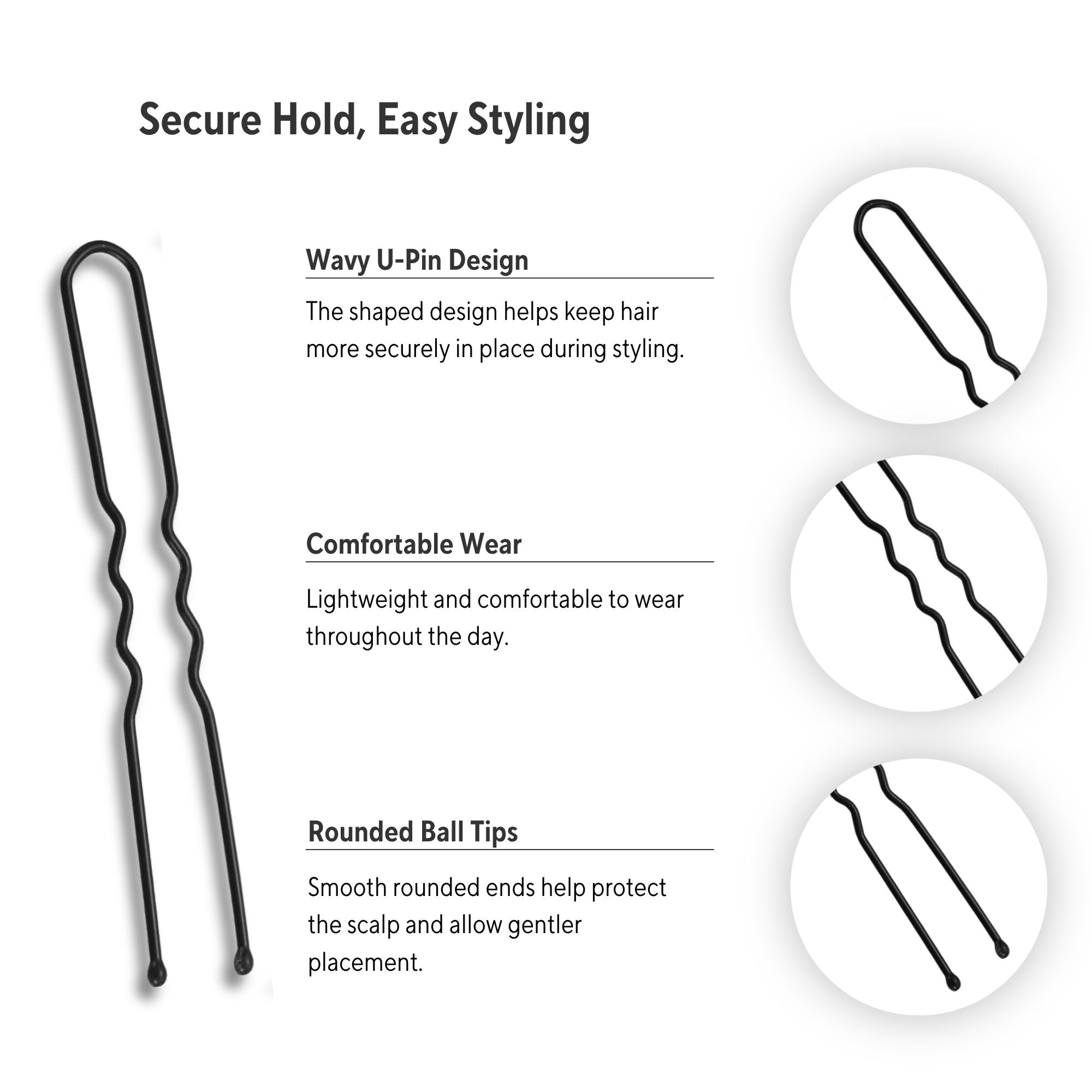 Eson - Black Wavy U-Pins – Bun & Updo Hair Pins 6cm
