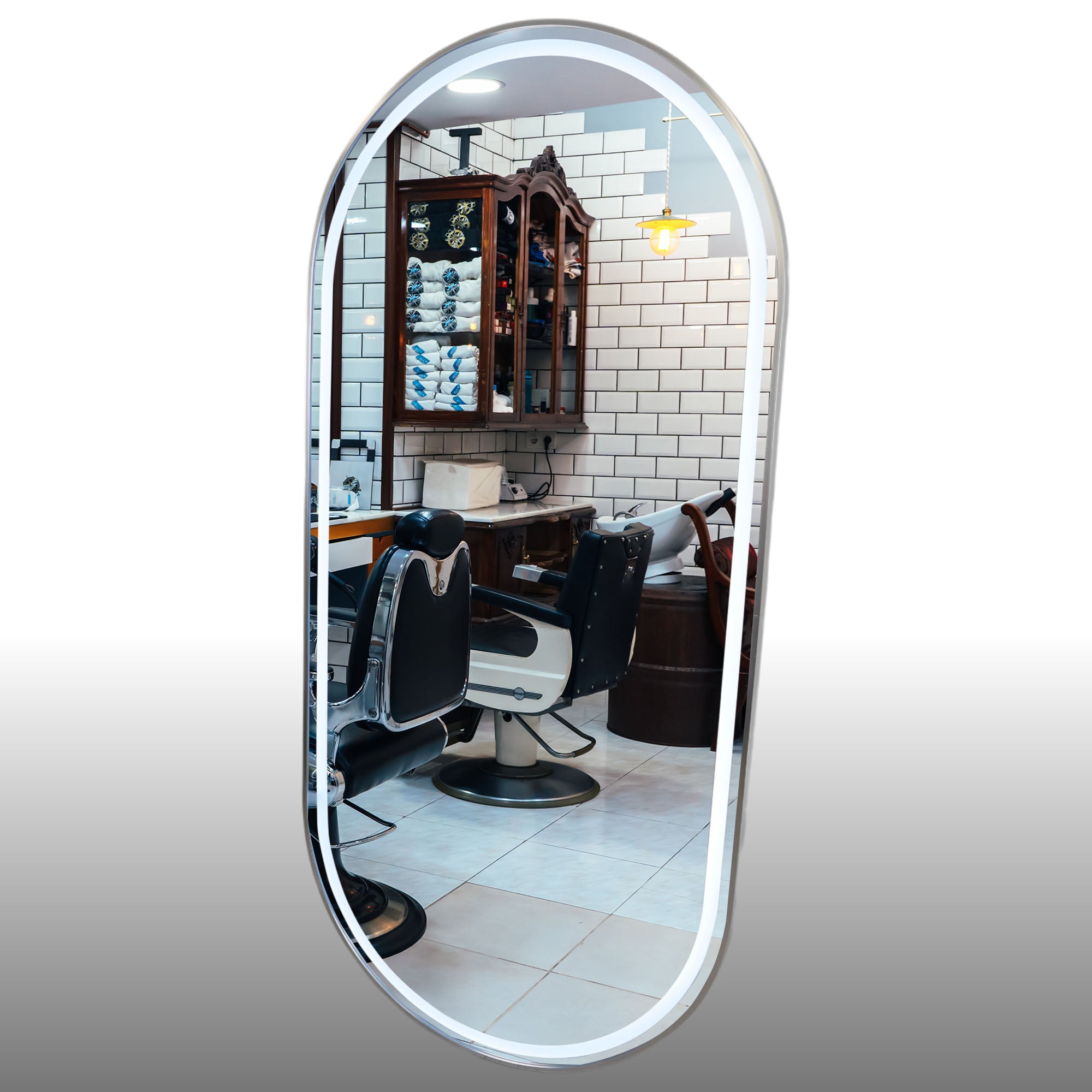 Salon Mirror - Oval LED with Silver Frame & Border Light
