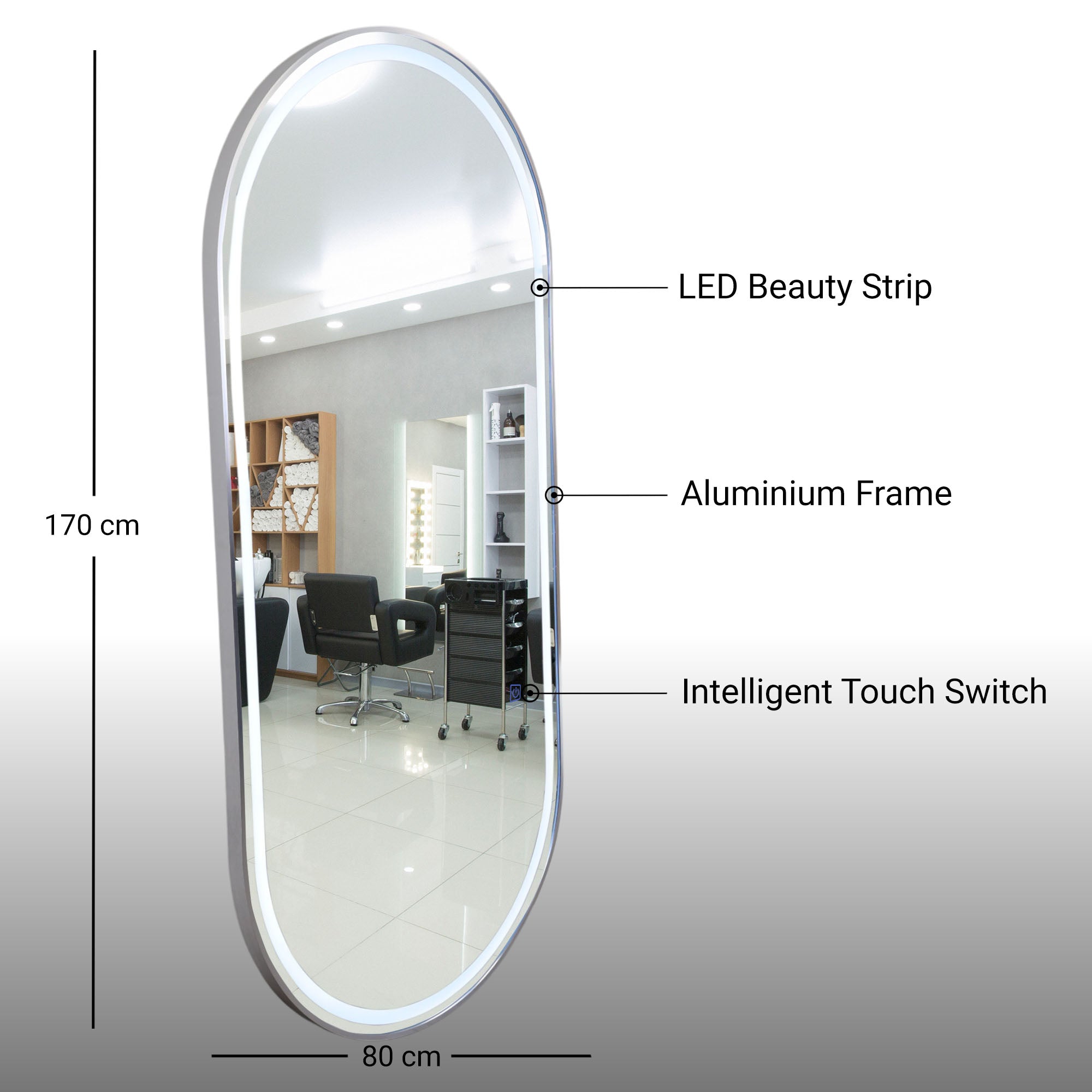 Salon Mirror - Oval LED with Silver Frame & Border Light