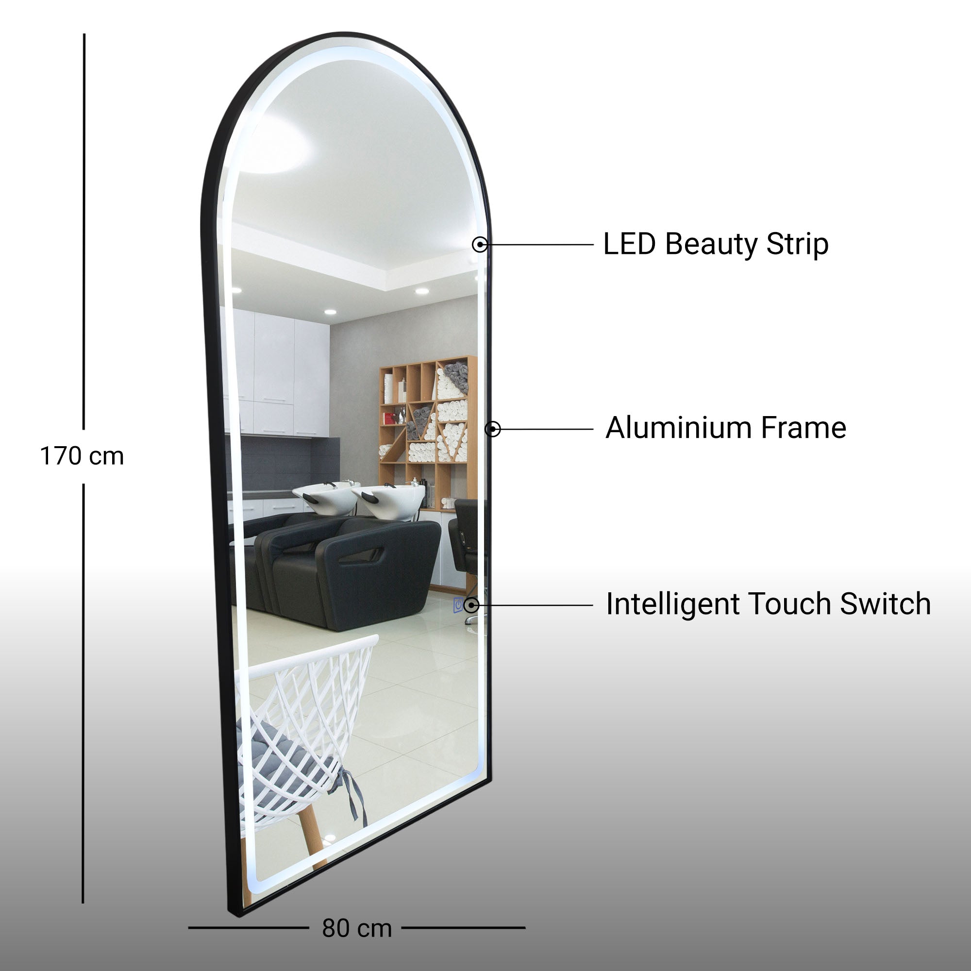 Salon Mirror - Arched LED with Black Frame & Border Light