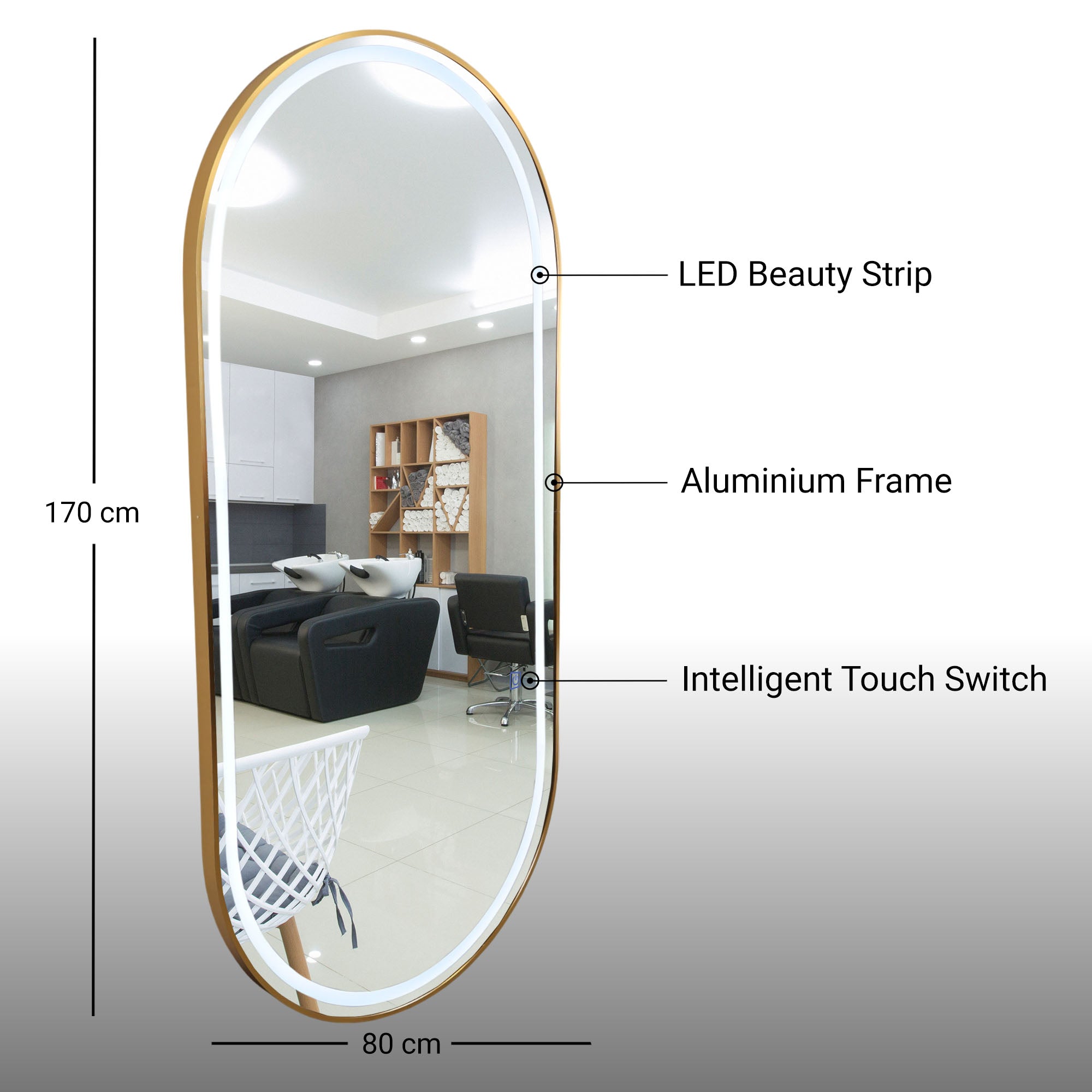 Salon Mirror - Oval LED with Gold Frame & Border Light