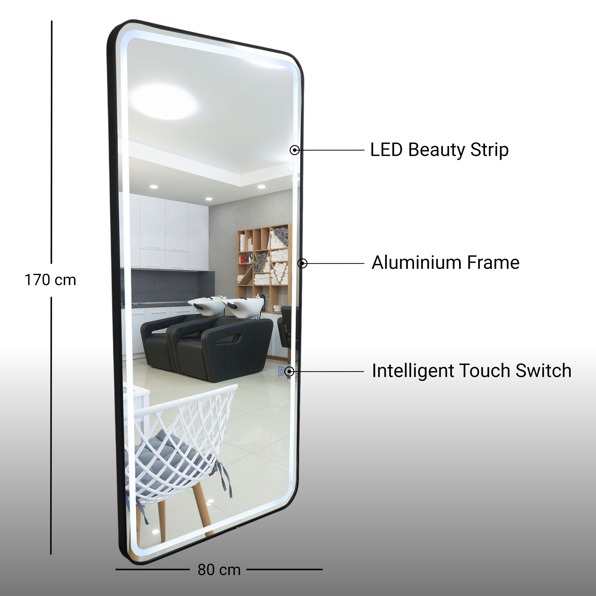 Salon Mirror - Rectangular LED with Black Frame & Border Light