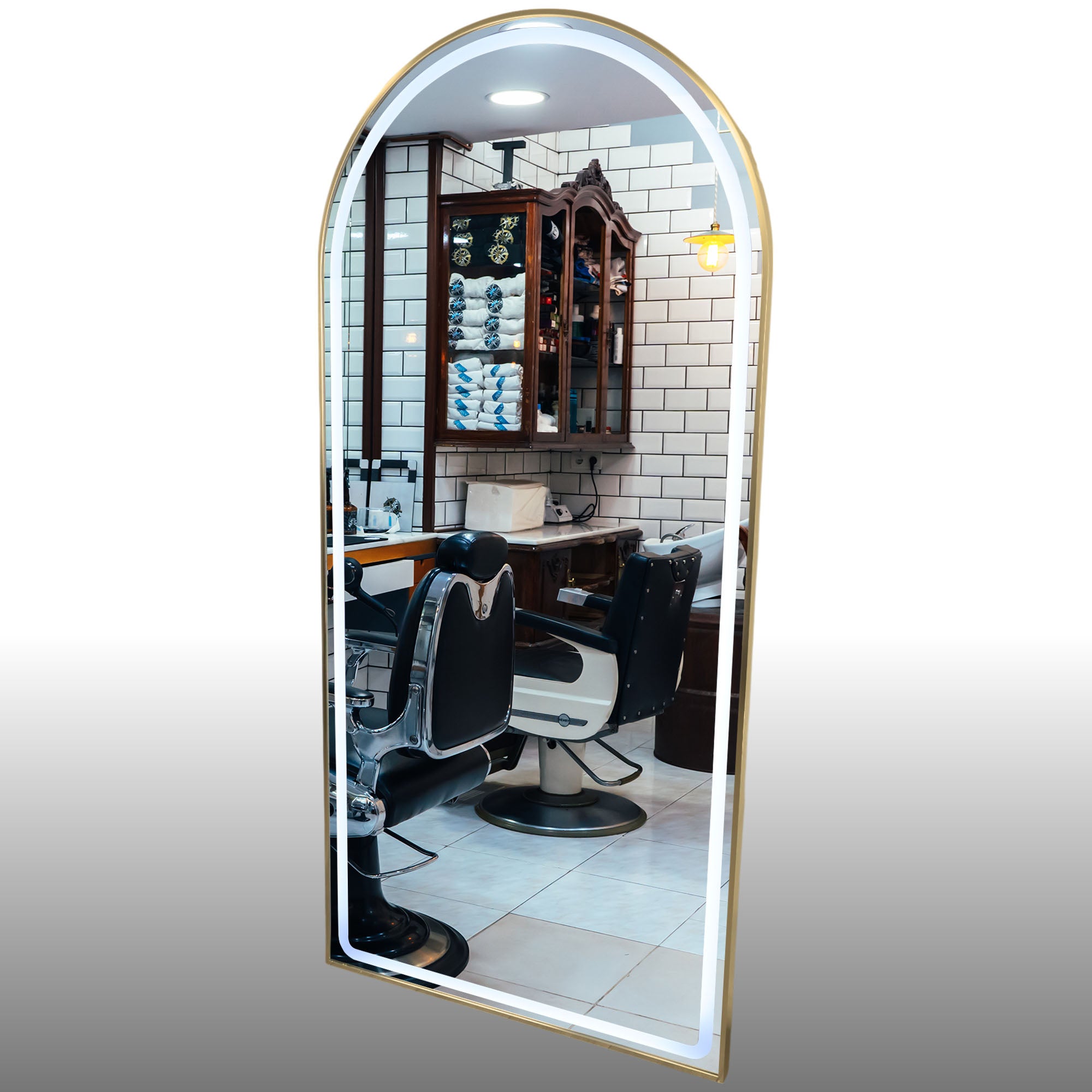 Salon Mirror - Arched LED with Gold Frame & Border Light