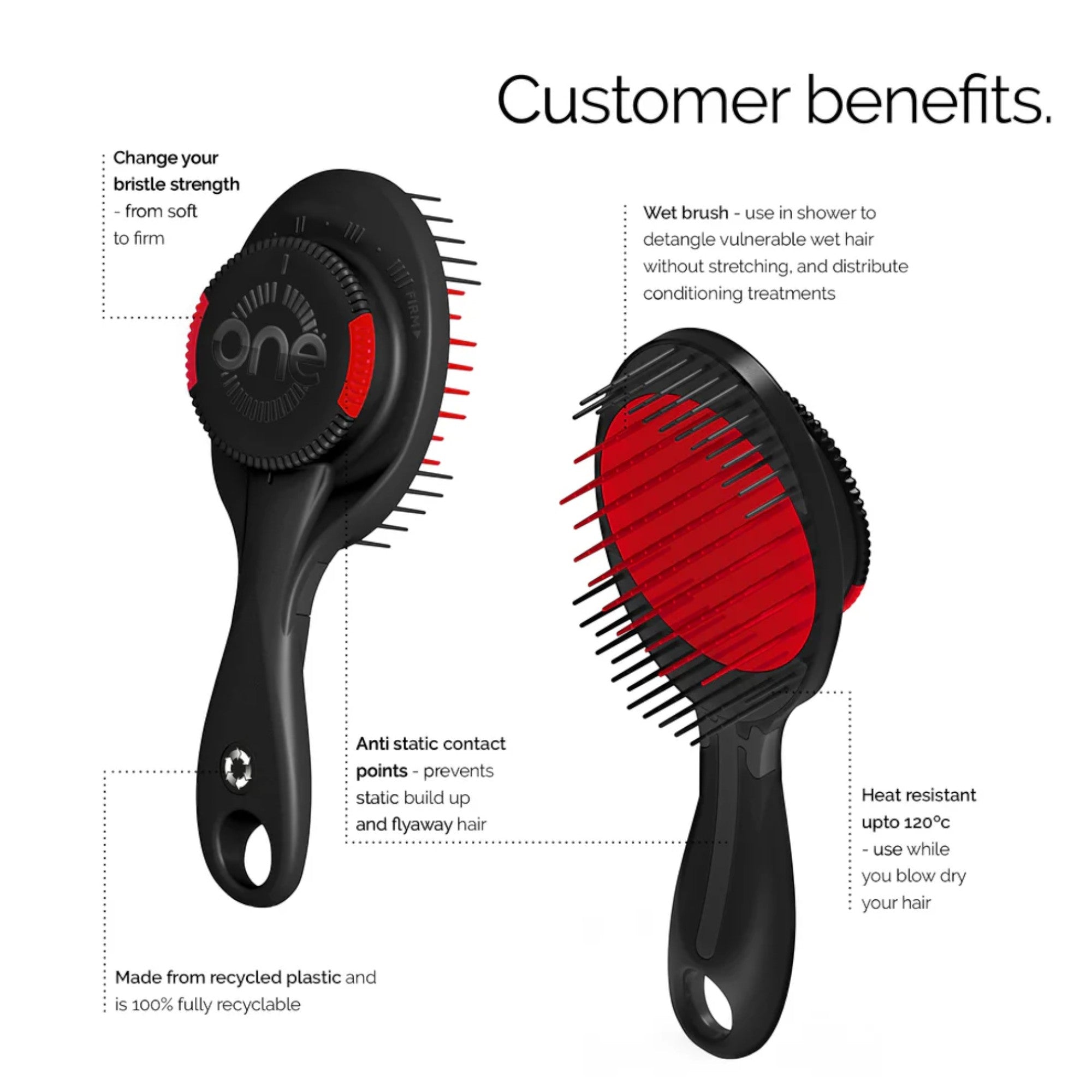 ONE Brush - Adjustable Bristle Strength Hairbrush Black
