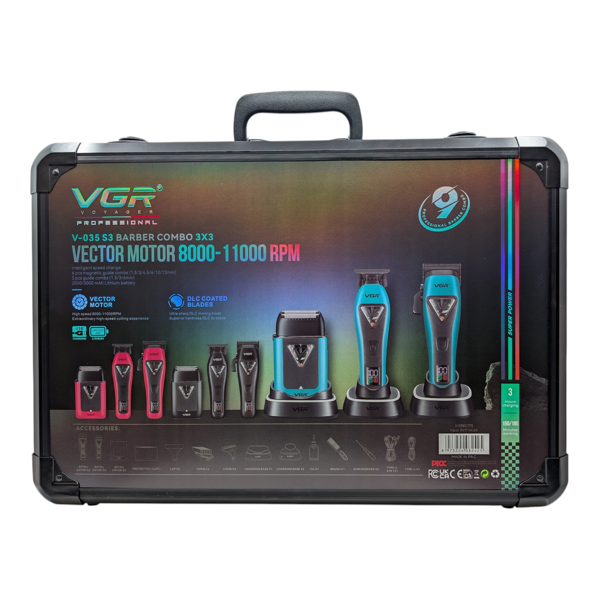 VGR - Barber Combo 3x3 - Professional Hair Clipper, Trimmer & Foil Shaver Set (V-035 S3)