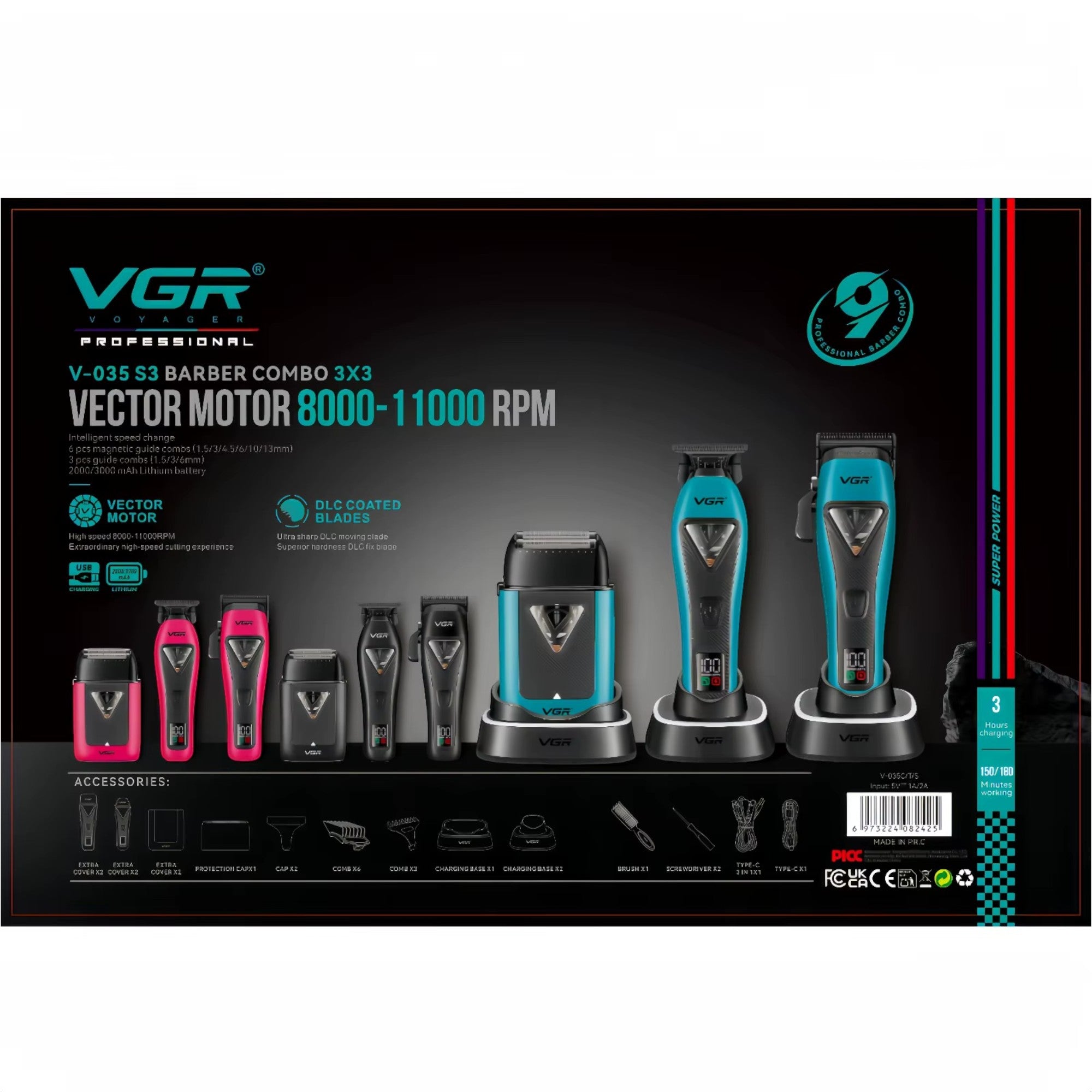 VGR - Barber Combo 3x3 - Professional Hair Clipper, Trimmer & Foil Shaver Set (V-035 S3)
