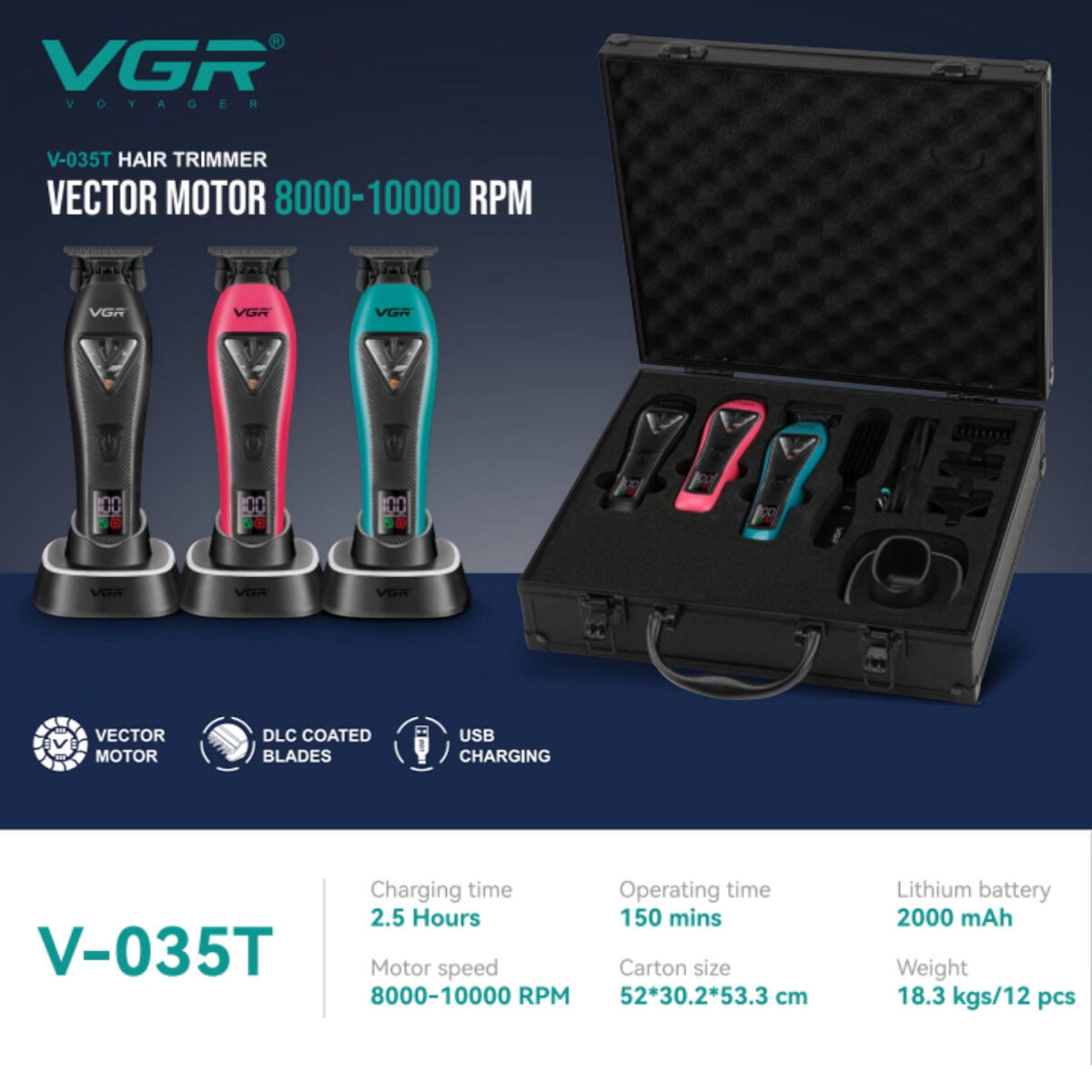 VGR - Professional Hair Trimmer with 3 Interchangeable Covers (V-035T)
