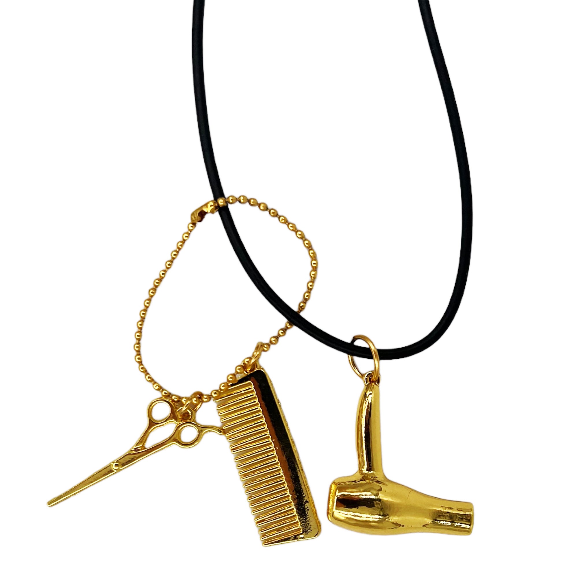 Eson - Hair Dryer Scissor Comb Charm Pendant Leatherette Necklace (Gold Colour)