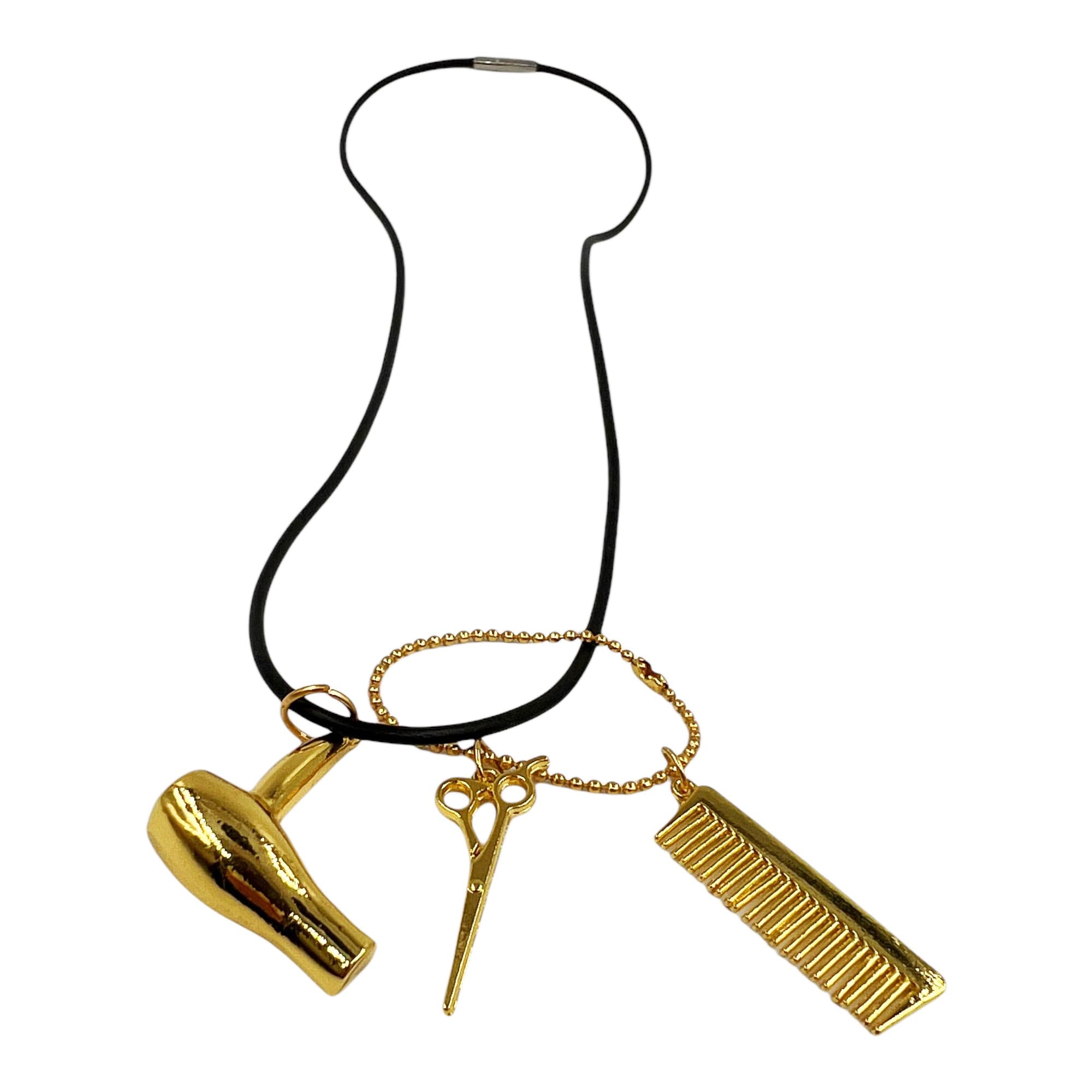 Eson - Hair Dryer Scissor Comb Charm Pendant Leatherette Necklace (Gold Colour)