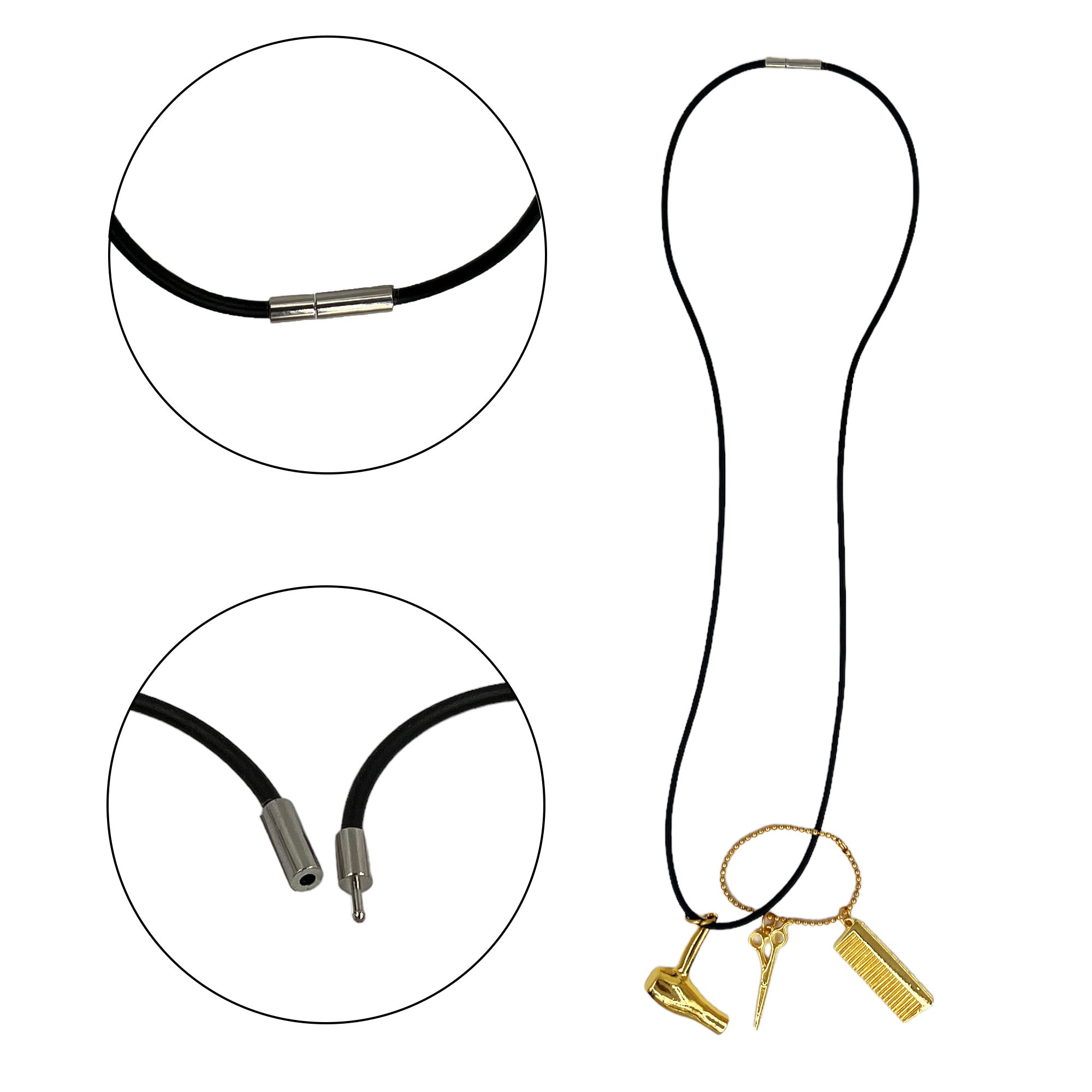 Eson - Hair Dryer Scissor Comb Charm Pendant Leatherette Necklace (Gold Colour)