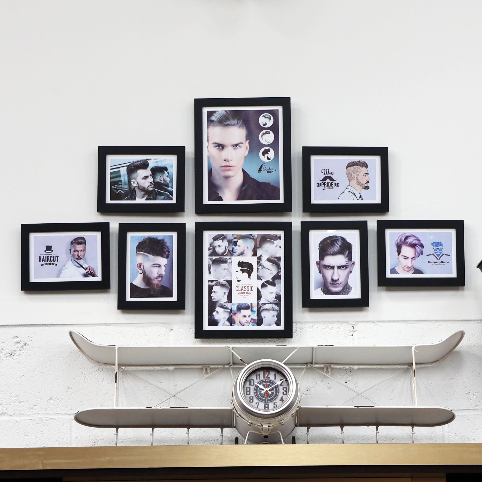 Eson - Barbershop Wall Art Haircut Style Black Framed Set 8pcs