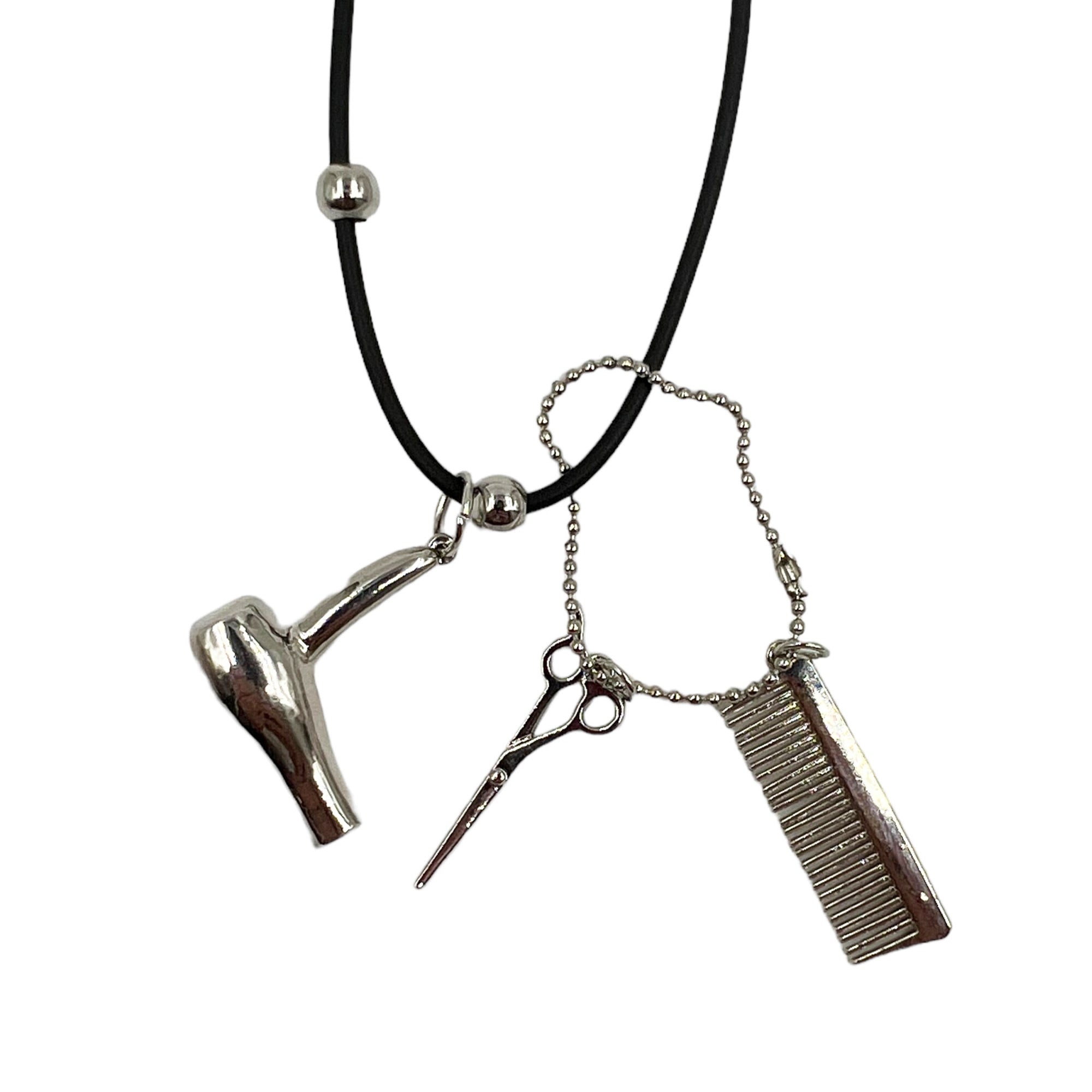 Eson - Hair Dryer Scissor Comb Charm Pendant Leatherette Necklace (Silver Colour)