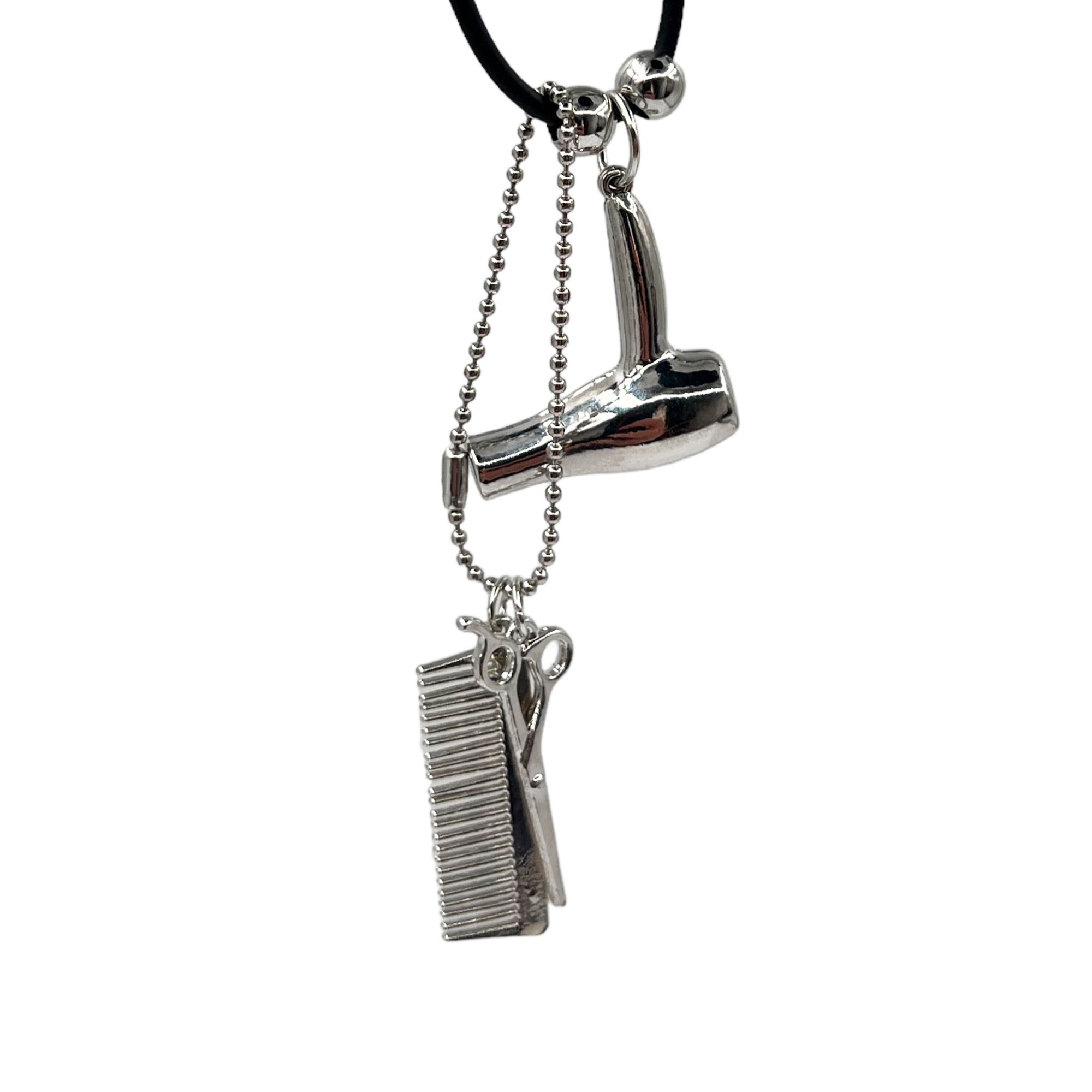 Eson - Hair Dryer Scissor Comb Charm Pendant Leatherette Necklace (Silver Colour)
