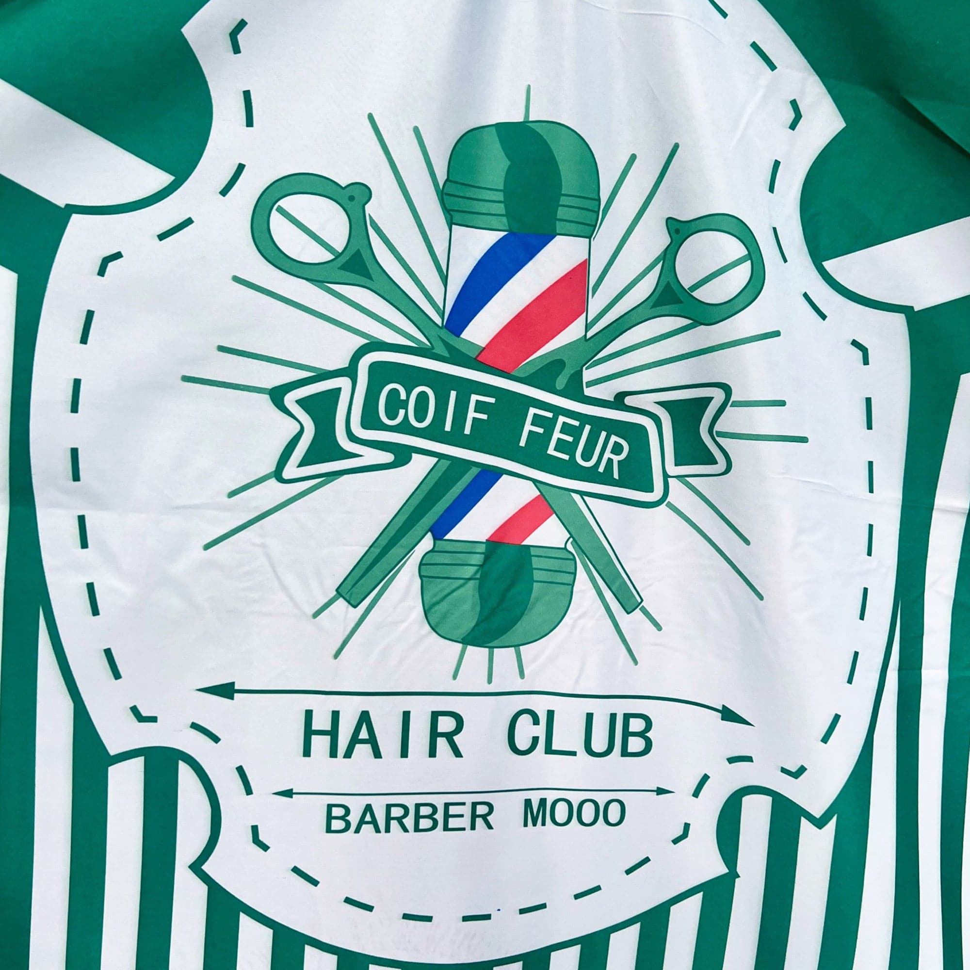 Gabri - Barber Hairdressing Hair Cutting Cape & Gown Pole Pattern Green & White Stripes