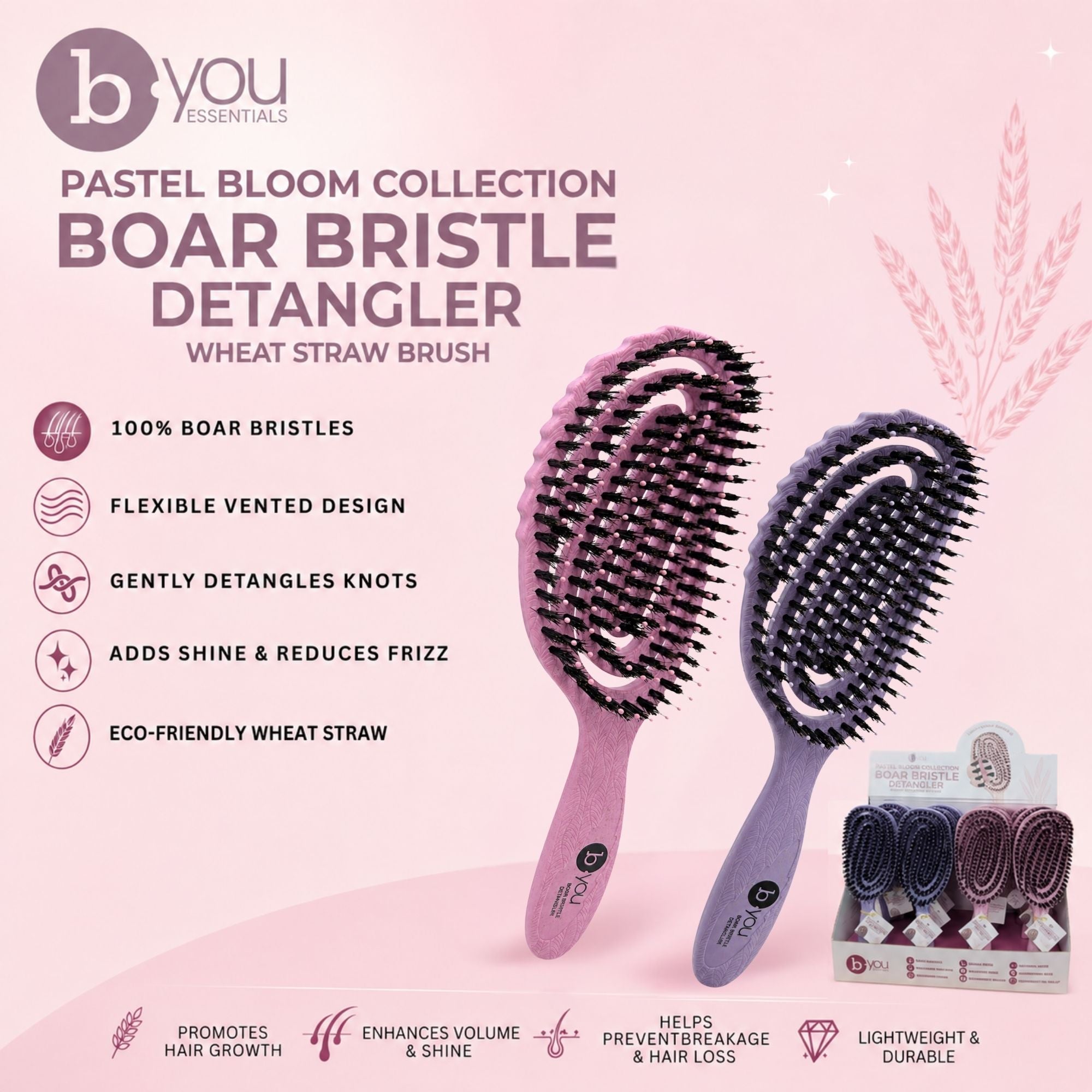 B.You - Boar Bristle Detangler Wheat Straw Brush Pastel Bloom Pink