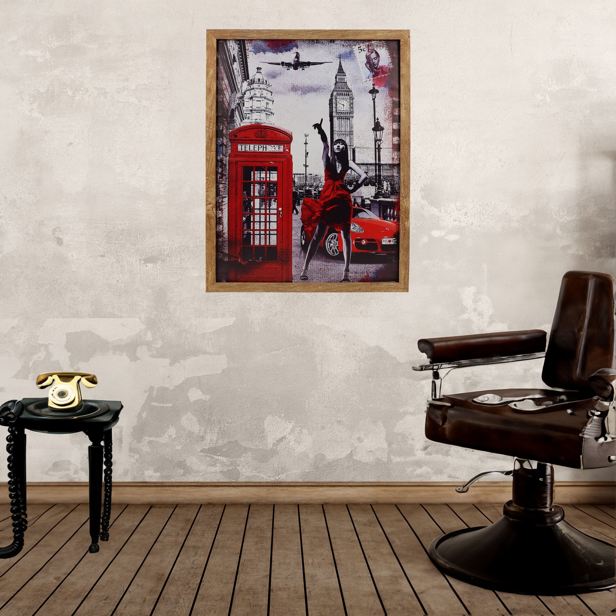 Eson - Barbershop Wall Art Iconic Red Telephone Booth & Big Ben London Cityscape Framed Poster