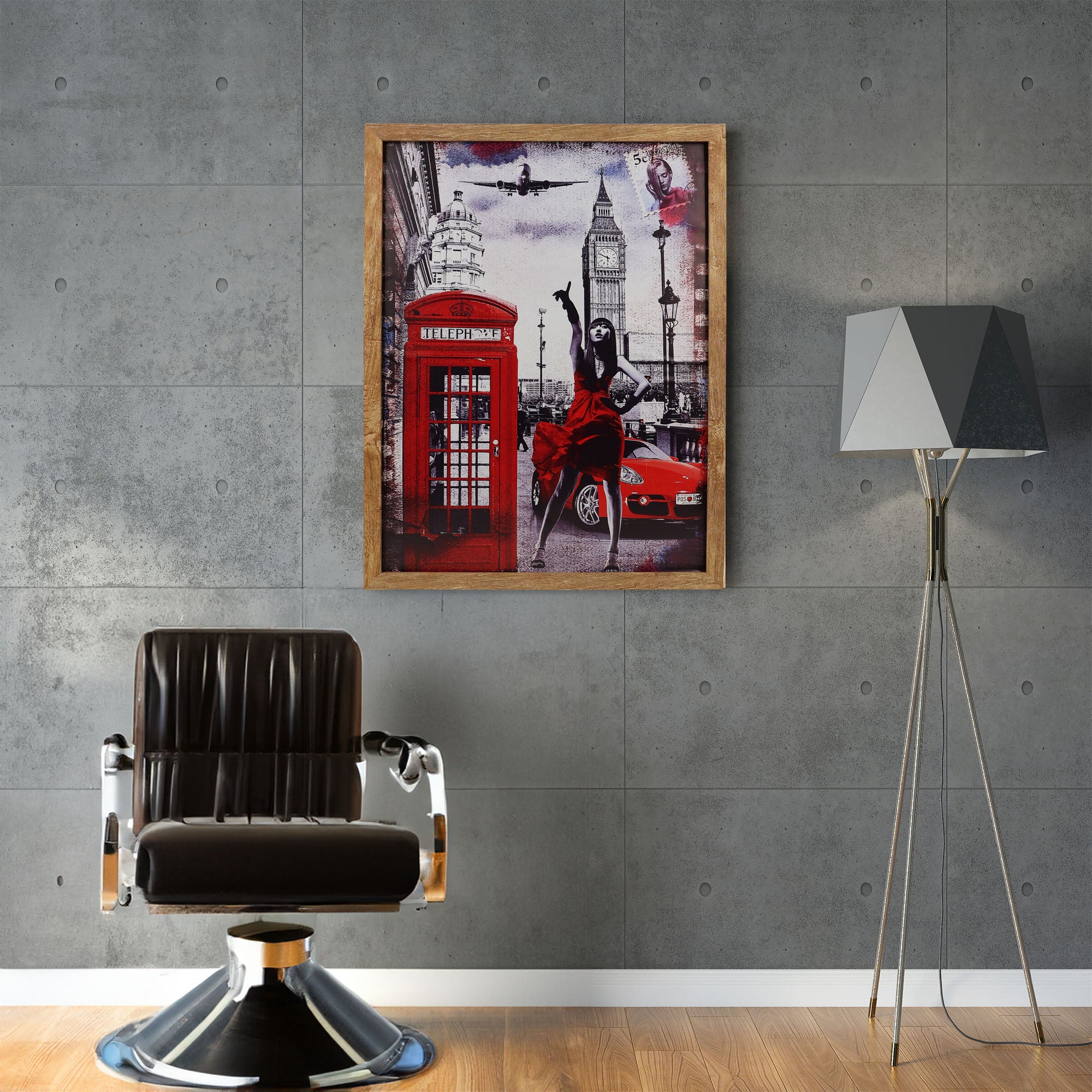 Eson - Barbershop Wall Art Iconic Red Telephone Booth & Big Ben London Cityscape Framed Poster