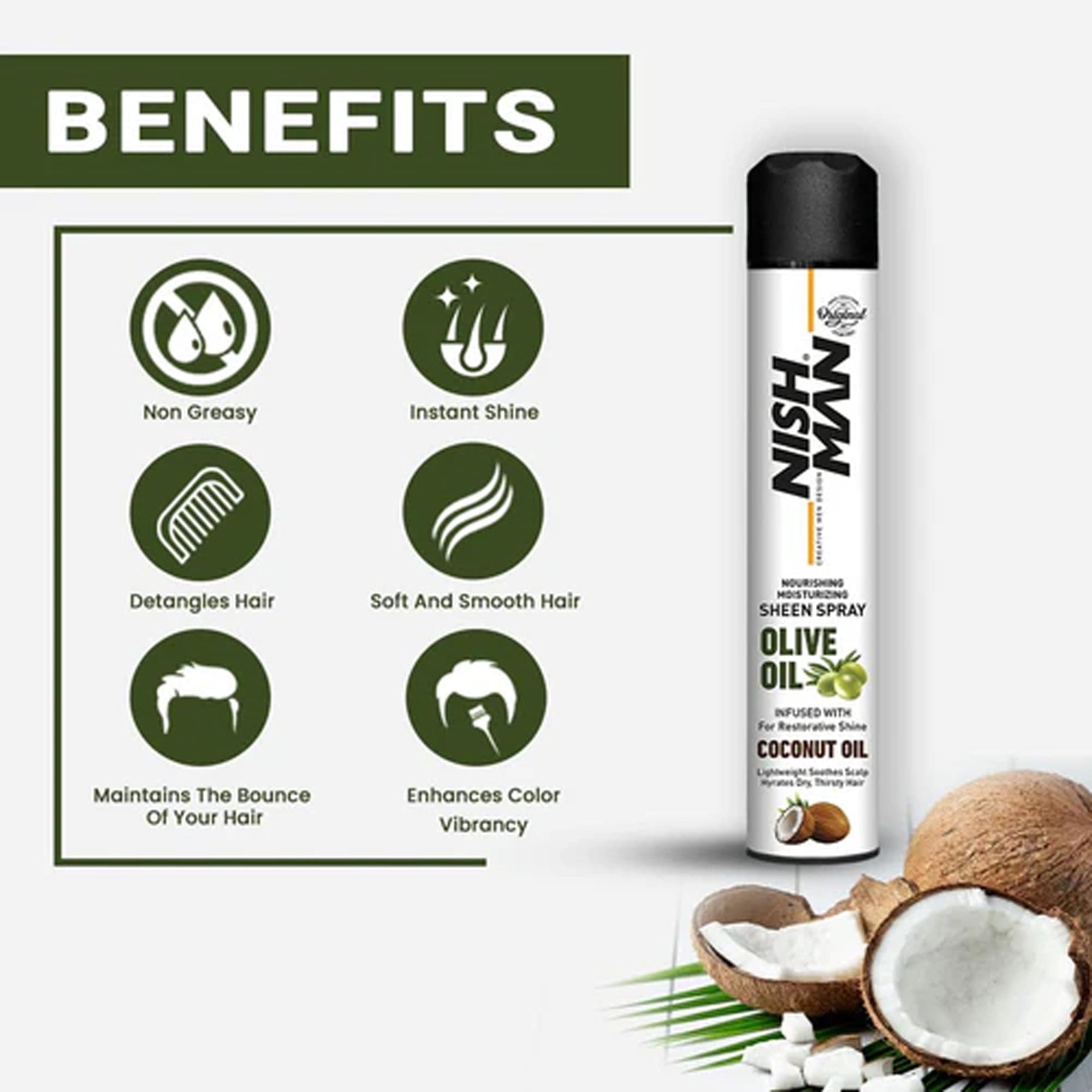 Nishman - Hair Spray Nourishing & Moisturizing Sheen Spray Olive Oil With Coconut Oil 400ml