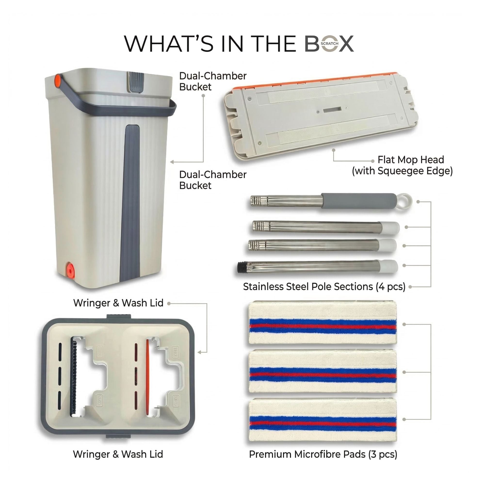 Scratch - Dual-Chamber Mop & Bucket System with 3 Washable Microfibre