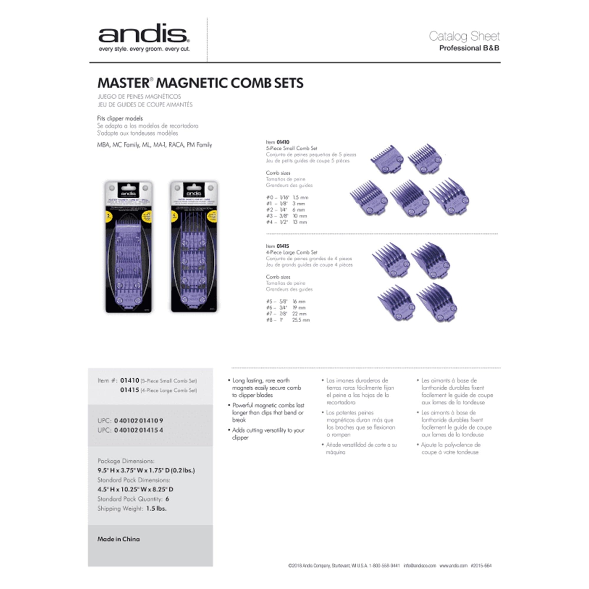 Andis - Master Dual Magnetic Comb Set Small 01410 5pcs