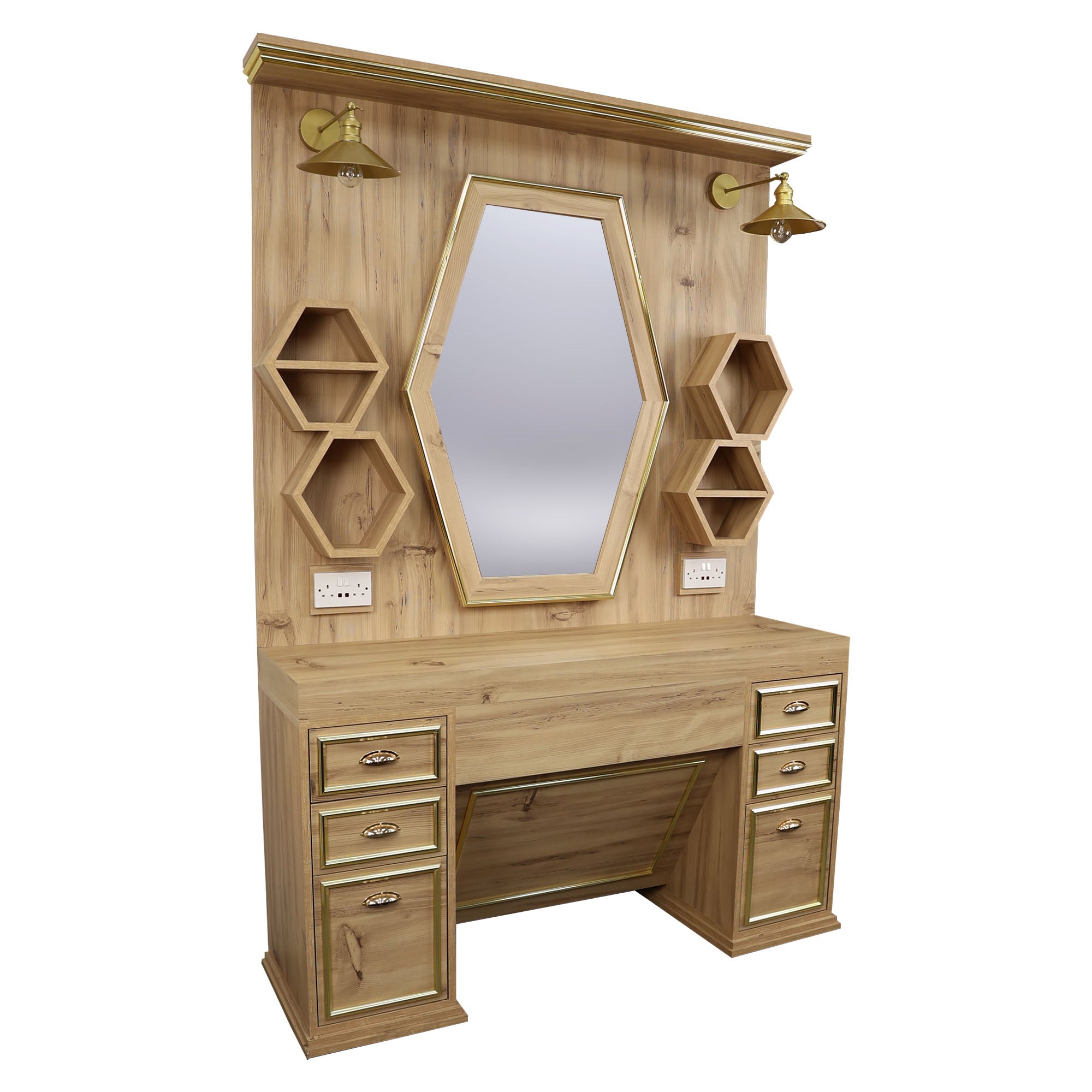 Barber Station Unit - Light Wood Station With Hexagonal LED Mirror & Gold Trim
