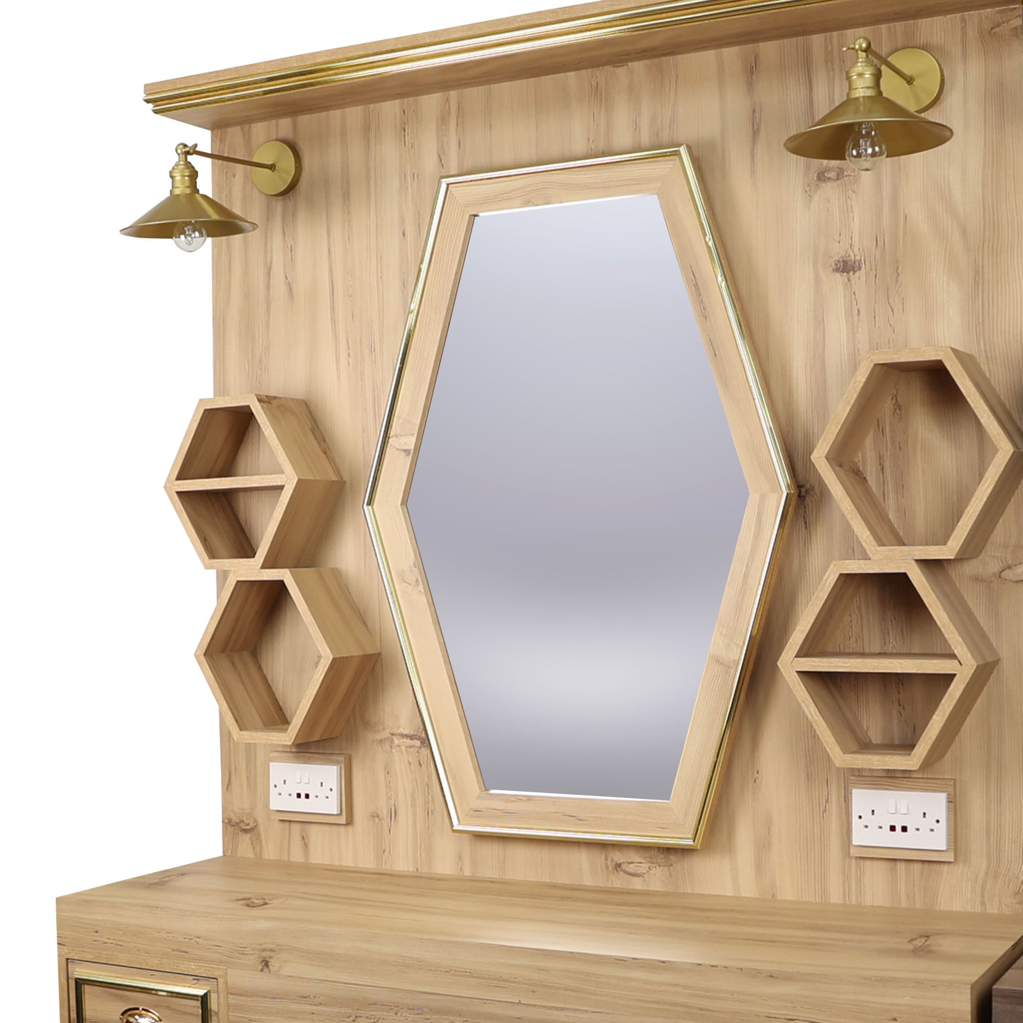 Barber Station Unit - Light Wood Station With Hexagonal LED Mirror & Gold Trim
