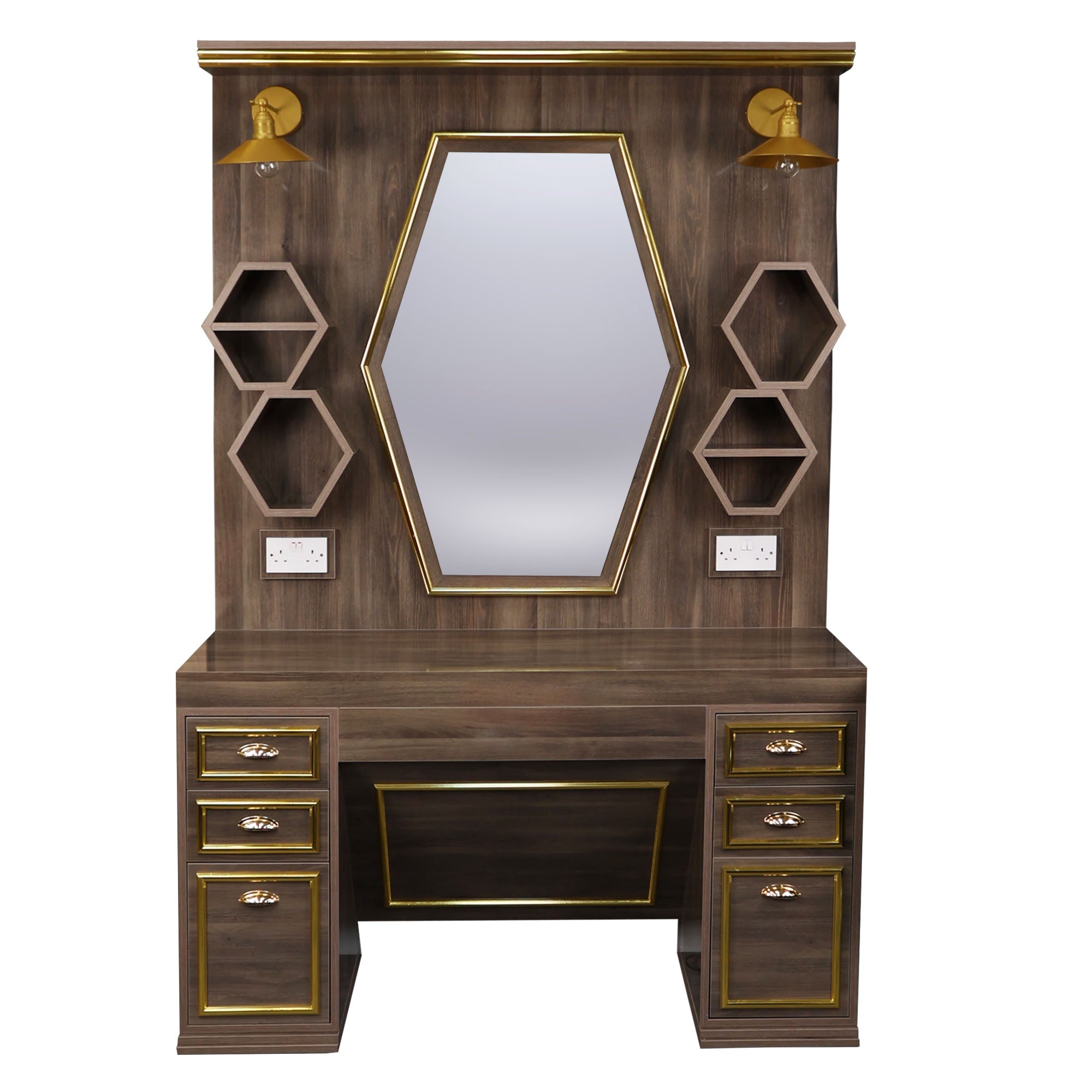 Barber Station Unit - Dark Wood Station With Hexagonal LED Mirror & Gold Trim