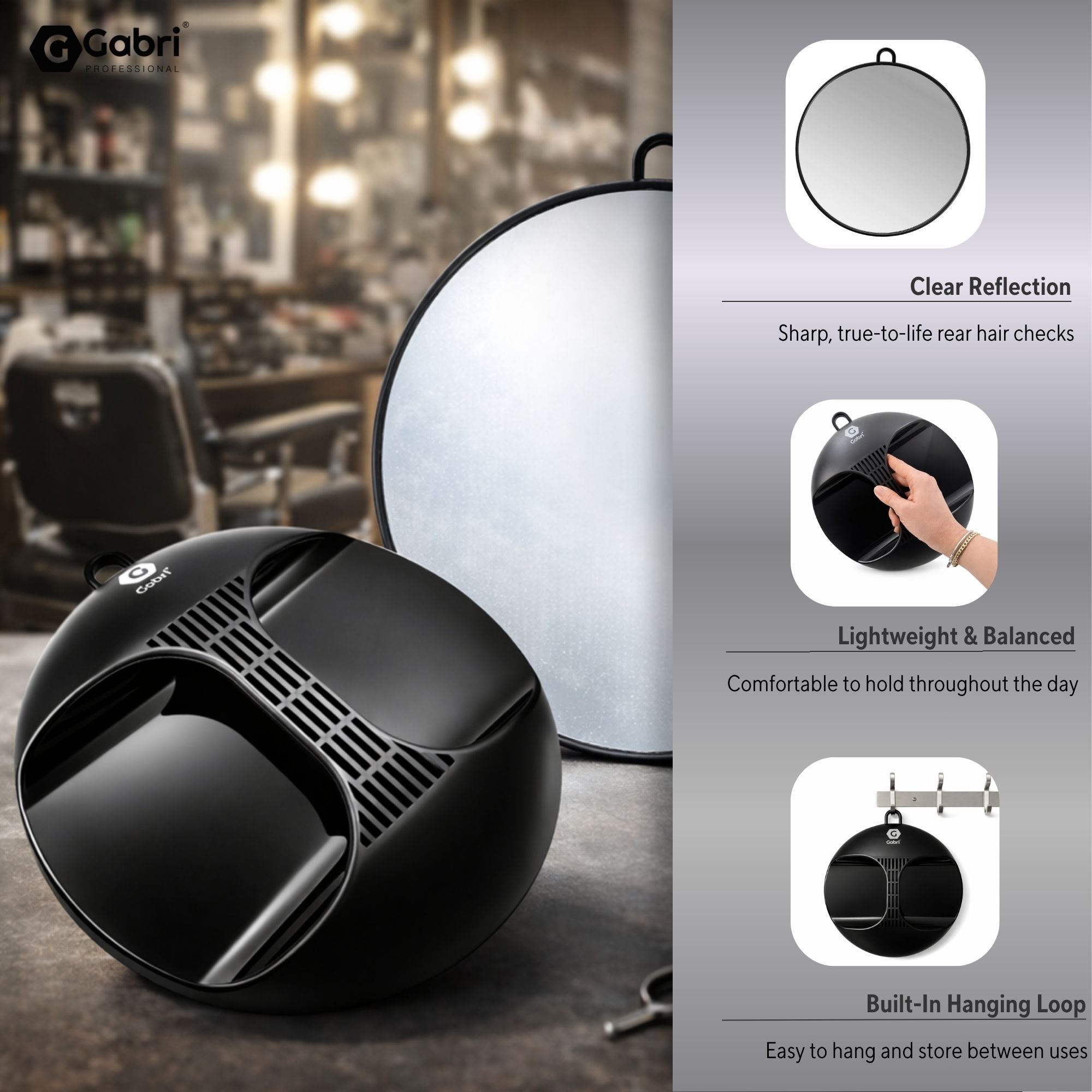 Gabri - Salon Mirror Round Handheld & Wall Black 28cm