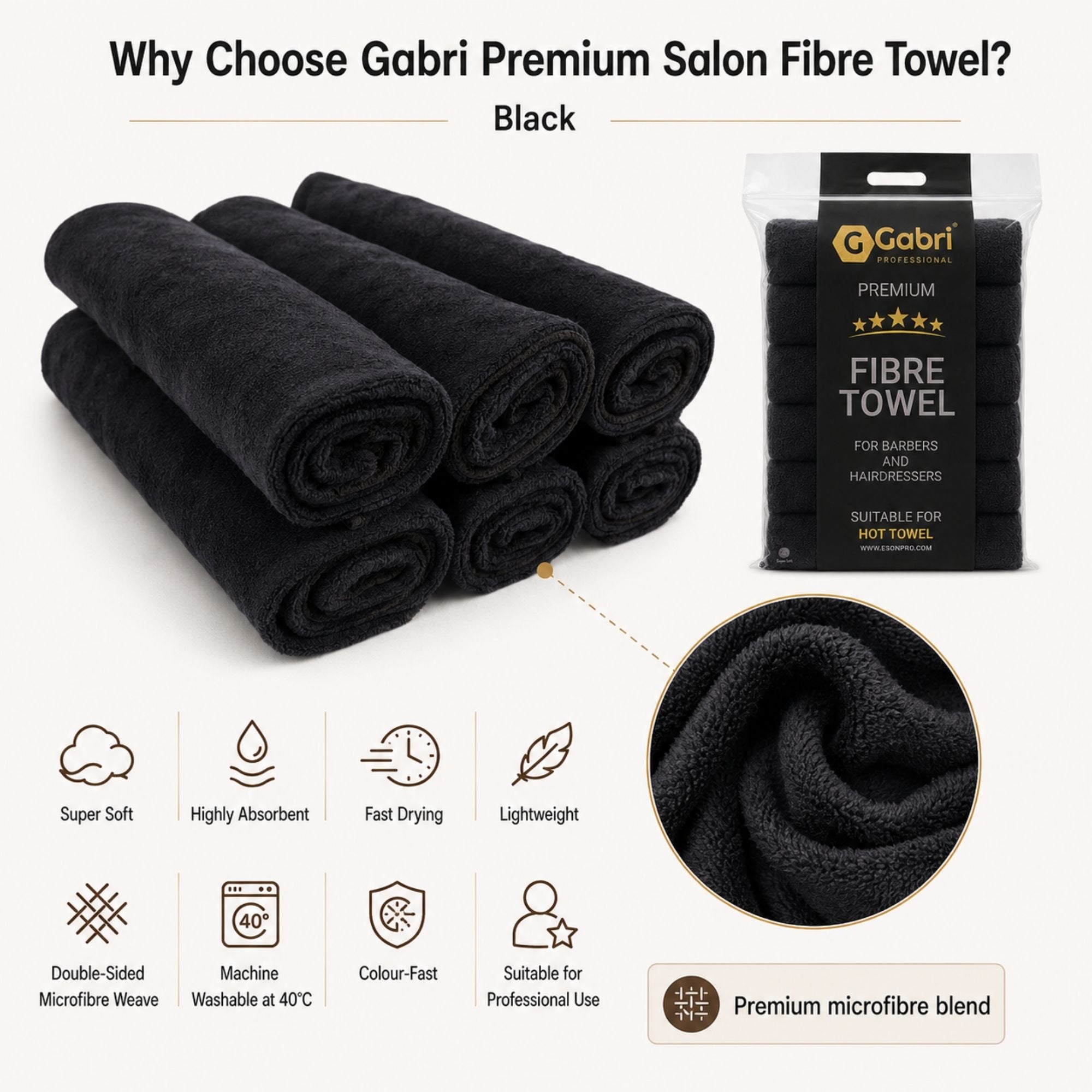 Gabri - Premium Salon Fibre Towel Black (Pack of 6)