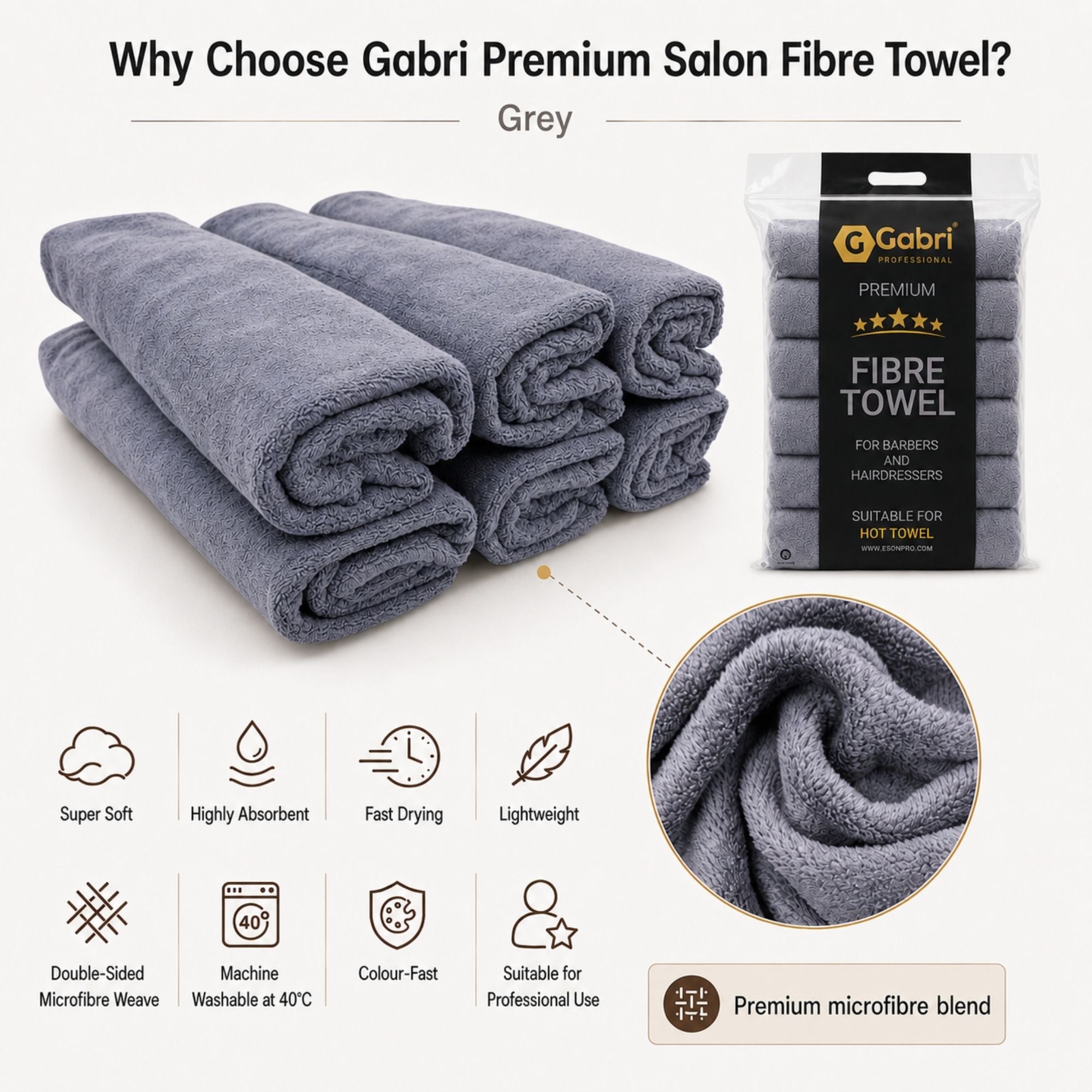 Gabri - Premium Salon Fibre Towel Grey (Pack of 6)