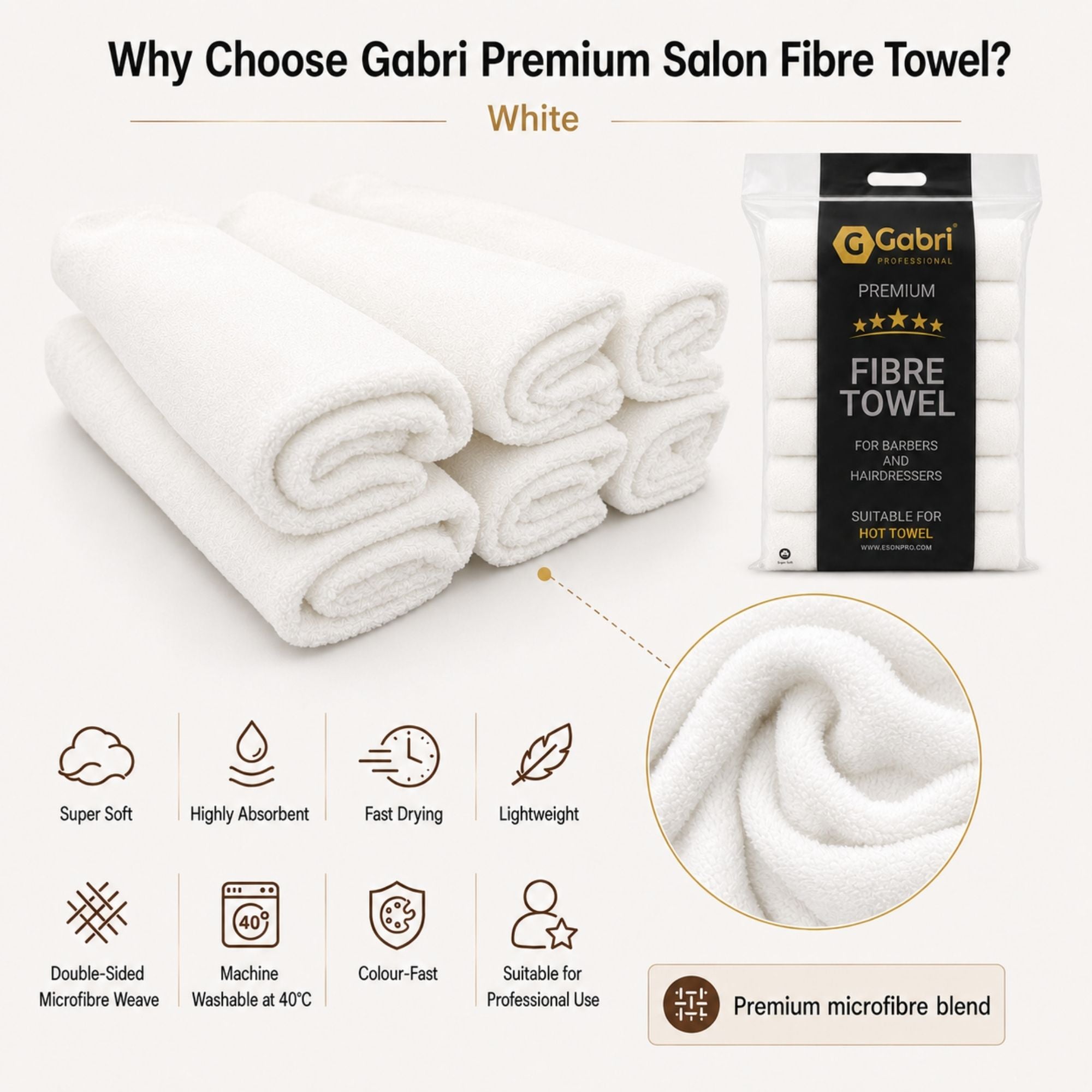 Gabri - Premium Salon Fibre Towel White (Pack of 6)