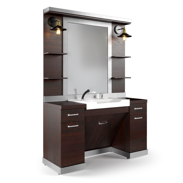 Barber Station Unit - Dark Wood Station With Sink & Silver Trim