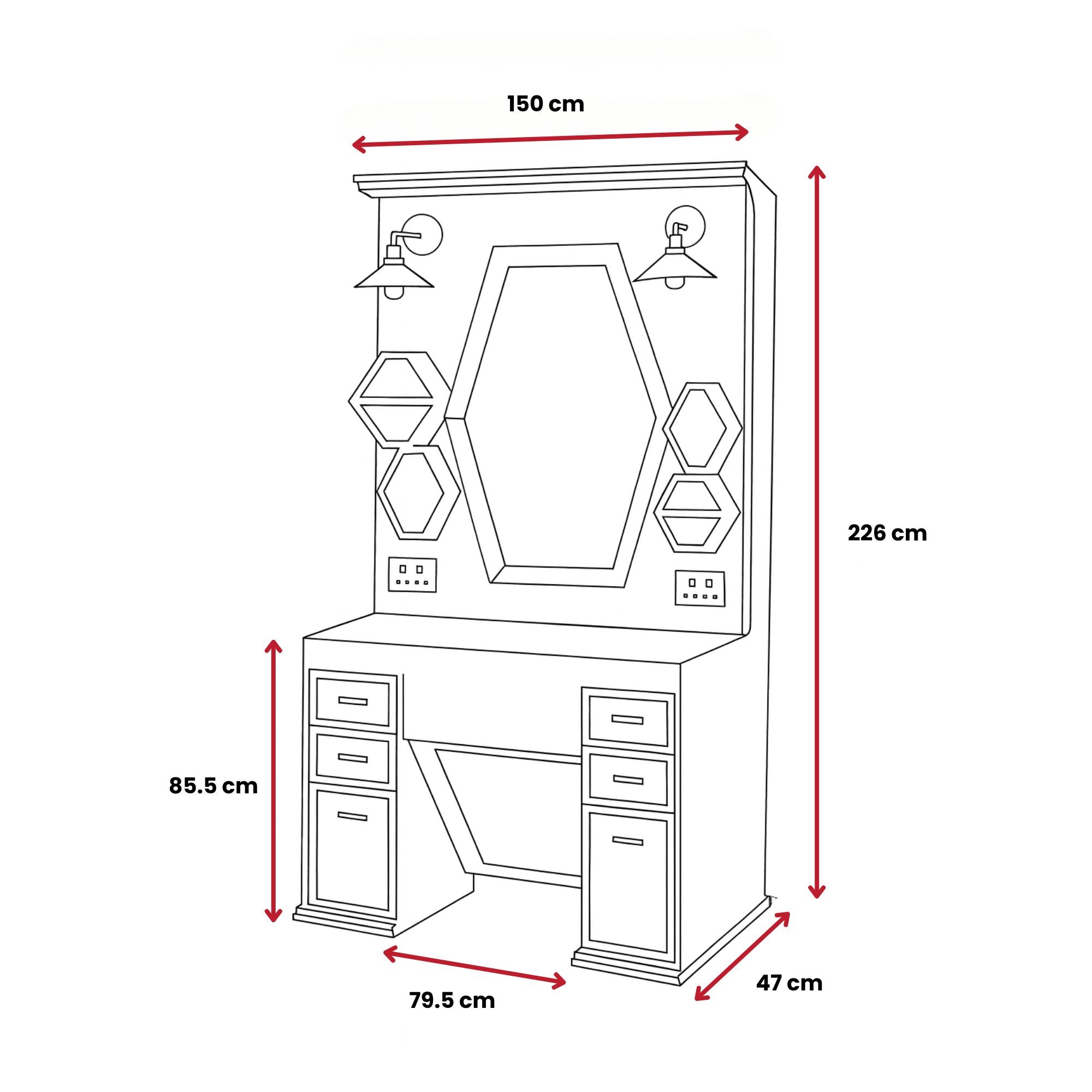 Barber Station Unit - Dark Wood Station With Hexagonal LED Mirror & Gold Trim