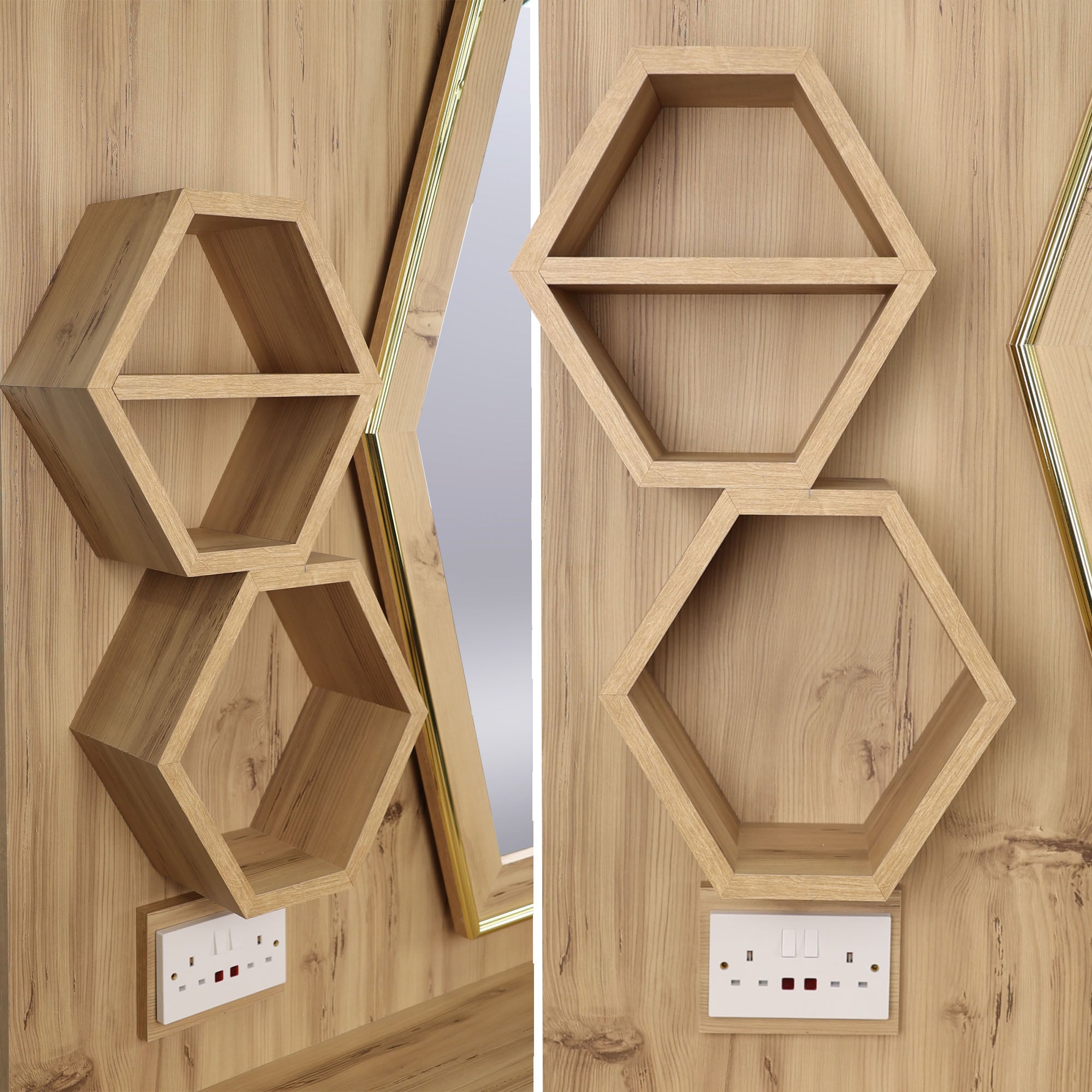 Barber Station Unit - Light Wood Station With Sink & Hexagonal LED Mirror